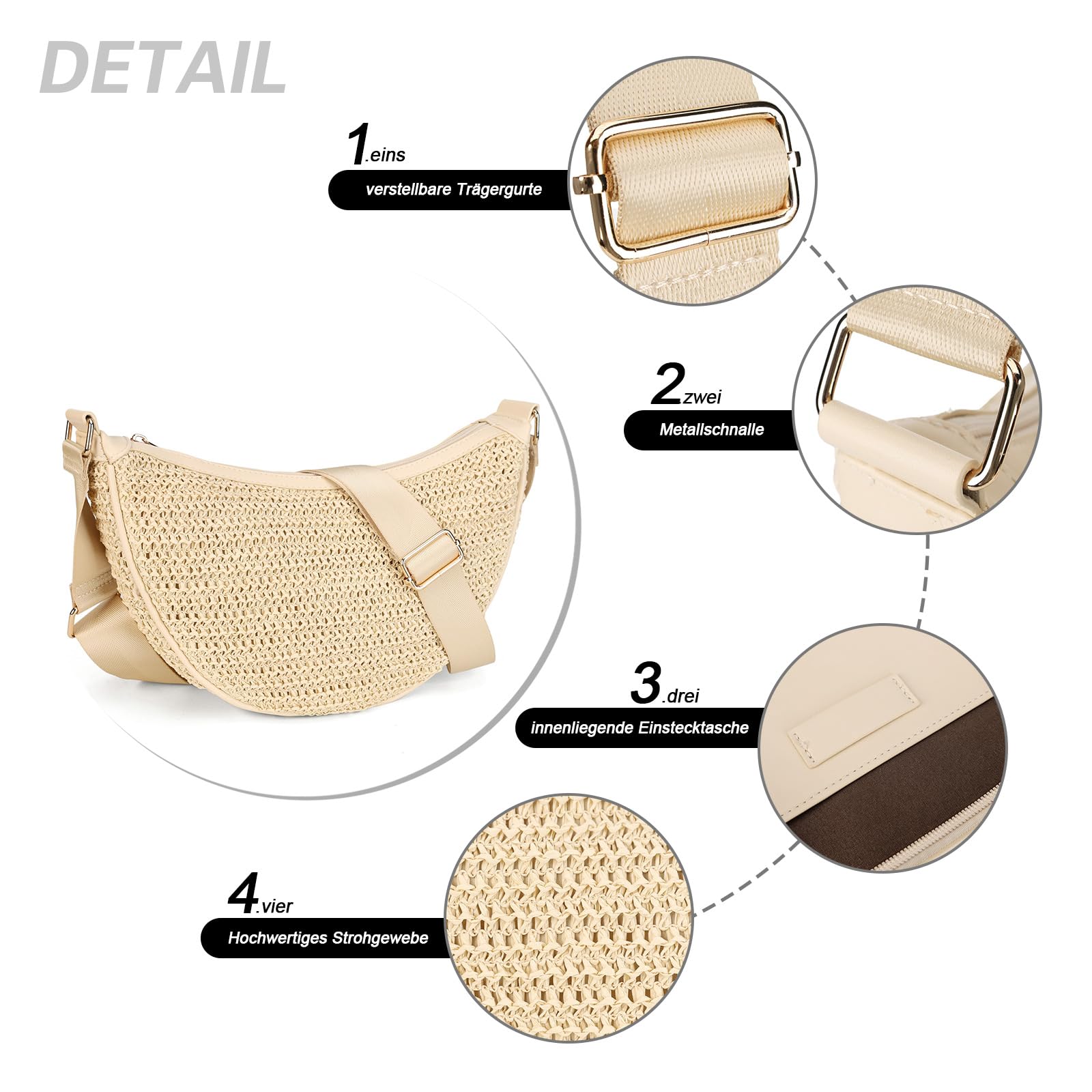 Gladdon Sac à bandoulière en paille pour femme en demi-lune - Sac à bandoulière tressé bohème - Sac à bandoulière léger - Sac de plage