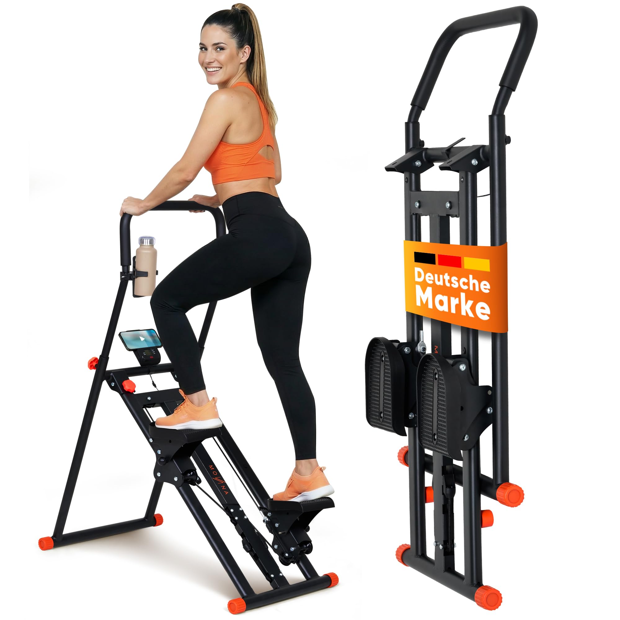 Stairmaster für Zuhause – Movana Treppensteiger Fitnessgerät mit 3 Schwierigkeitsstufen für Beginner, Testsieger, Handy- & Flaschenhalter, Cardio & Kraft, Stair Climber Stepper Heimtrainer