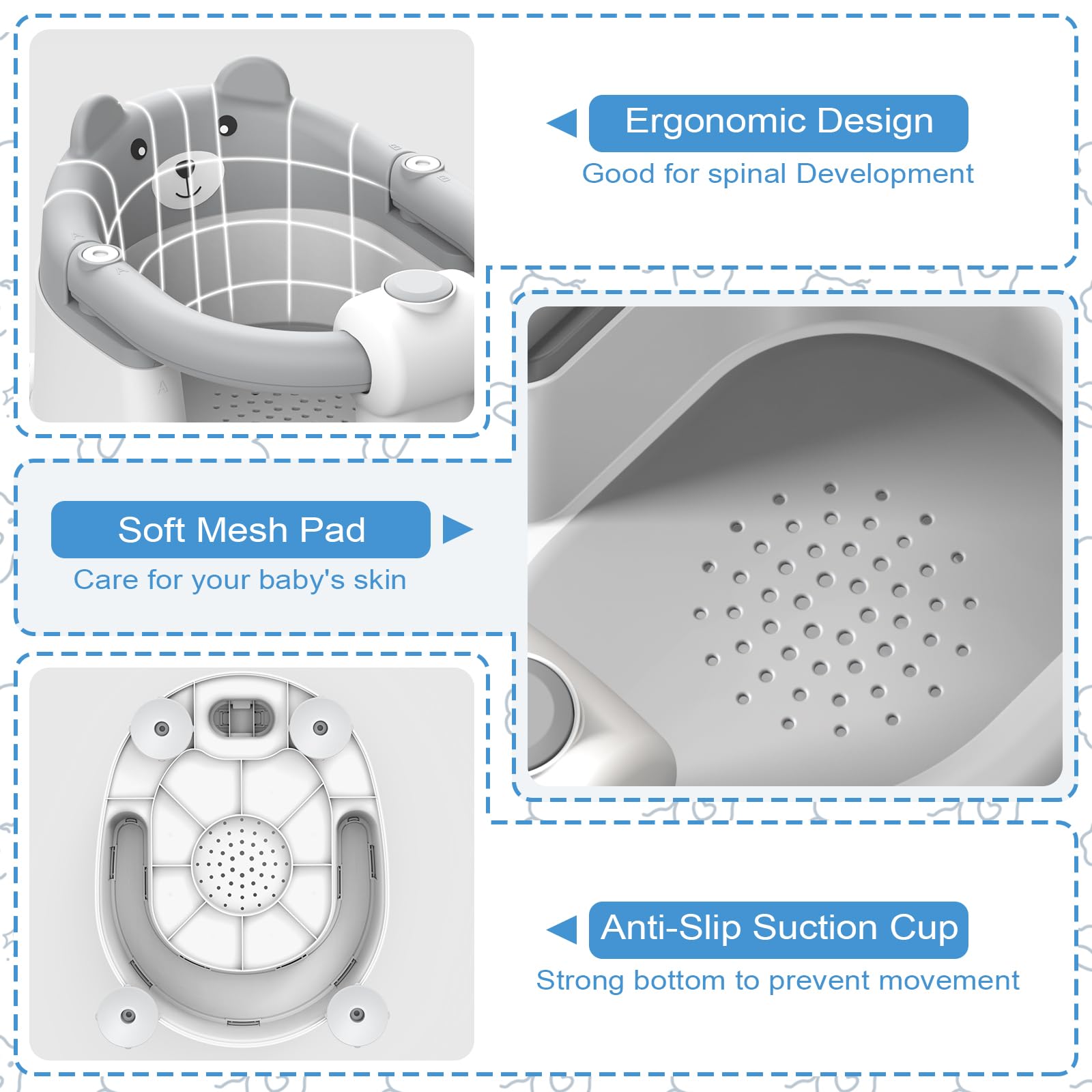 Baby SièGe Bain Ergonomique, SièGe de Bain Pour BéBé à Partir de 6 Mois, Baignoires Portables Avec 4 Ventouses Les Tout-Petits et Les Nouveau-NéS, Ours - Design (Gris)