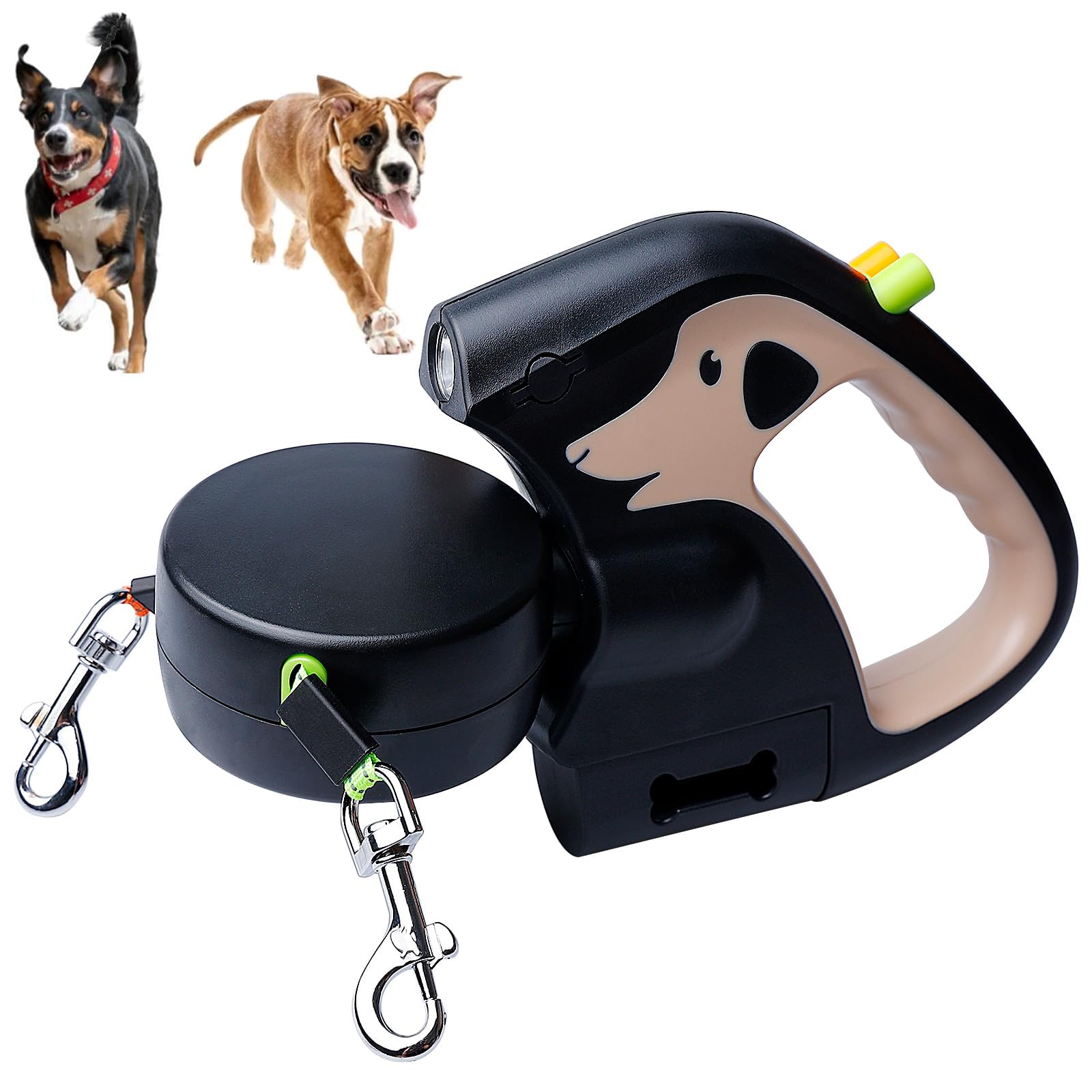 Correa para perros doble para 2 perros, 3 m, correa para perros con luz, doble retráctil, rotatorio de 360°, mango antideslizante, para perros pequeños y medianos