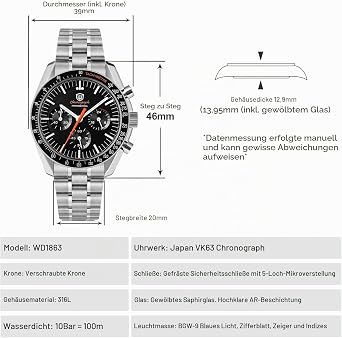 watchdives WD1860 WD1861 WD1863 Men's Chronograph Japanese VK63 Quartz Sports Watch 40mm Bubble Sapphire Glass Wrist Watch 100M Diving Watch with Stainless Steel Strap