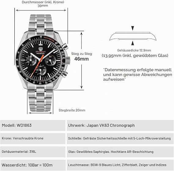 watchdives WD1860 WD1861 WD1863 Men's Chronograph Japanese VK63 Quartz Sports Watch 40mm Bubble Sapphire Glass Wrist Watch 100M Diving Watch with Stainless Steel Strap