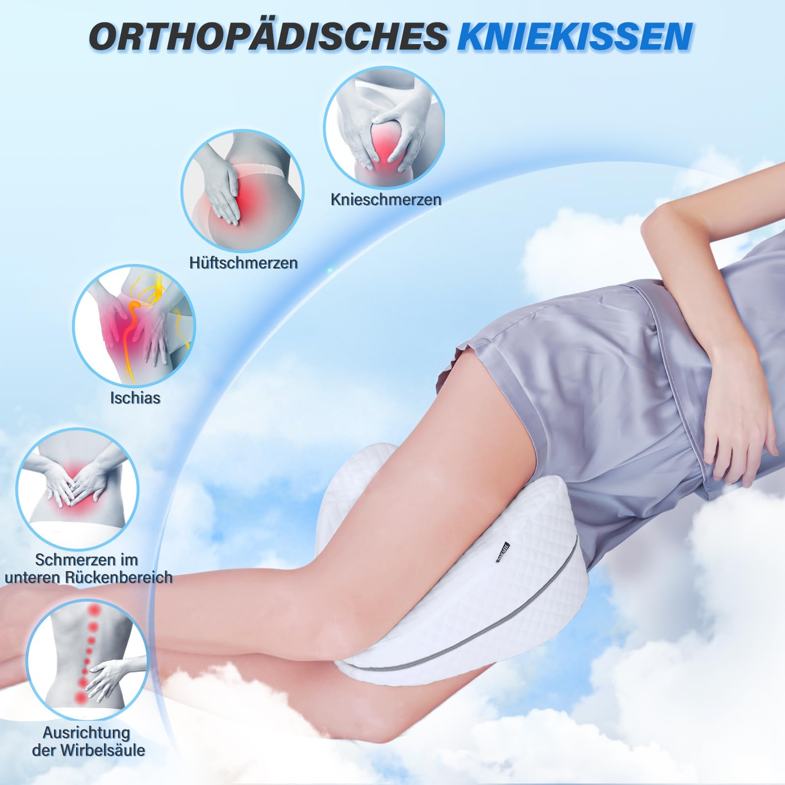 Cuscino Per Gambe Ergonomico In Memory Foam - Per Dormire Sul Fianco, Allevia Dolori Schiena E Ginocchia, Lavabile - Foto 9