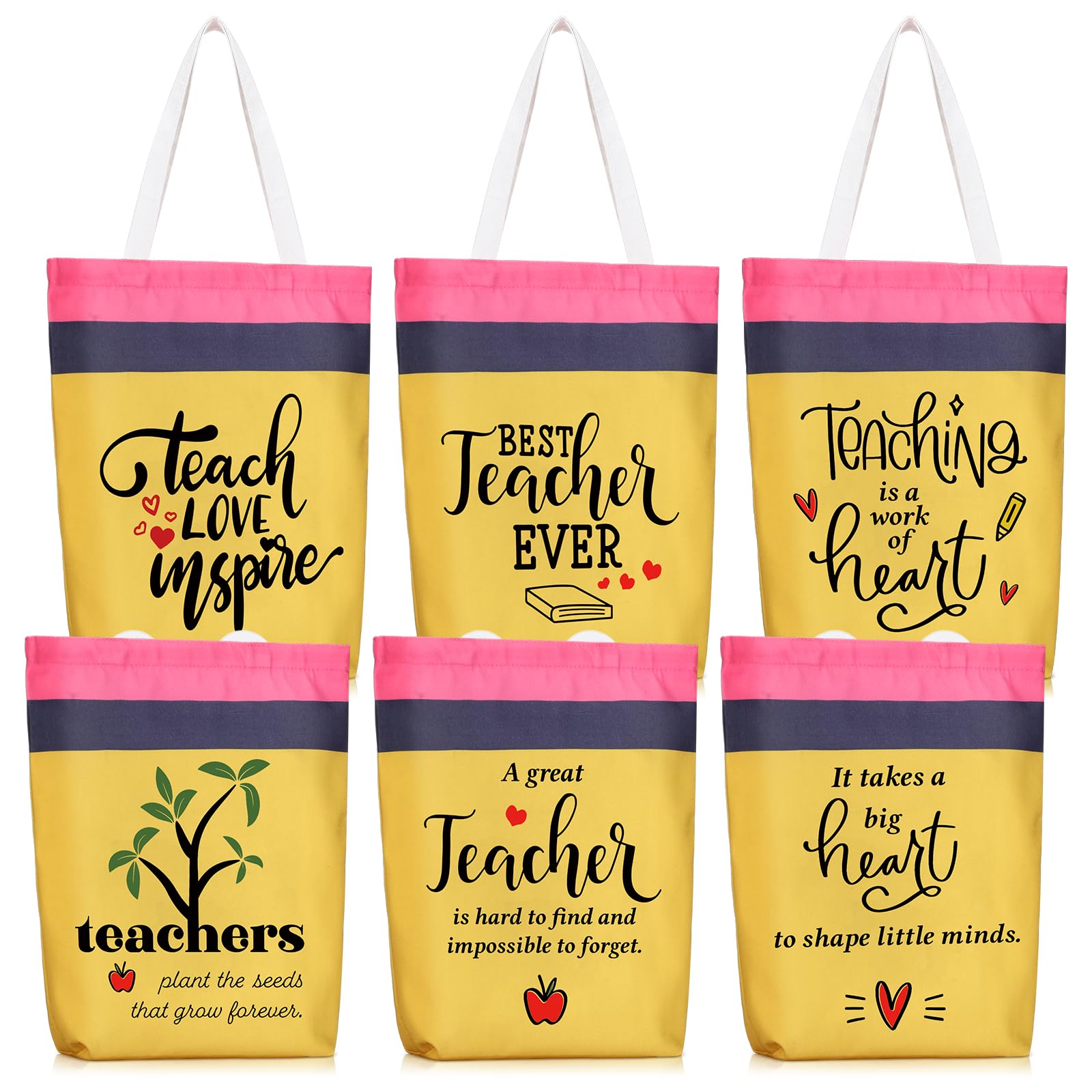 Cosblank 6 Pcs Teacher Appreciation Gifts Teacher Appreciation Canvas Tote Bag Bulk Travel Cosmetic Bags Portable Makeup Zipper Pouch and Canvas Tote