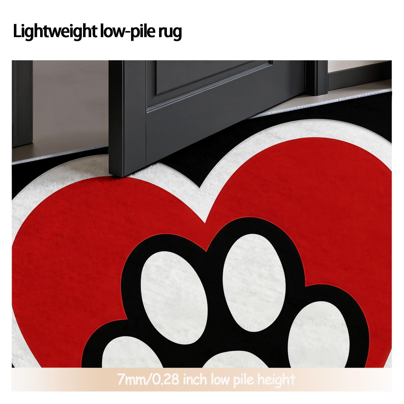 Generico 90 cm Tappeto rotondo Cartone Animato - Morbido Antiscivolo Impronte Zampe Animali Cuore Motivo Tappeti per Soggiorno Camera da Letto Pranzo decorazione, Nero Rosso interni lavabile Tappeto