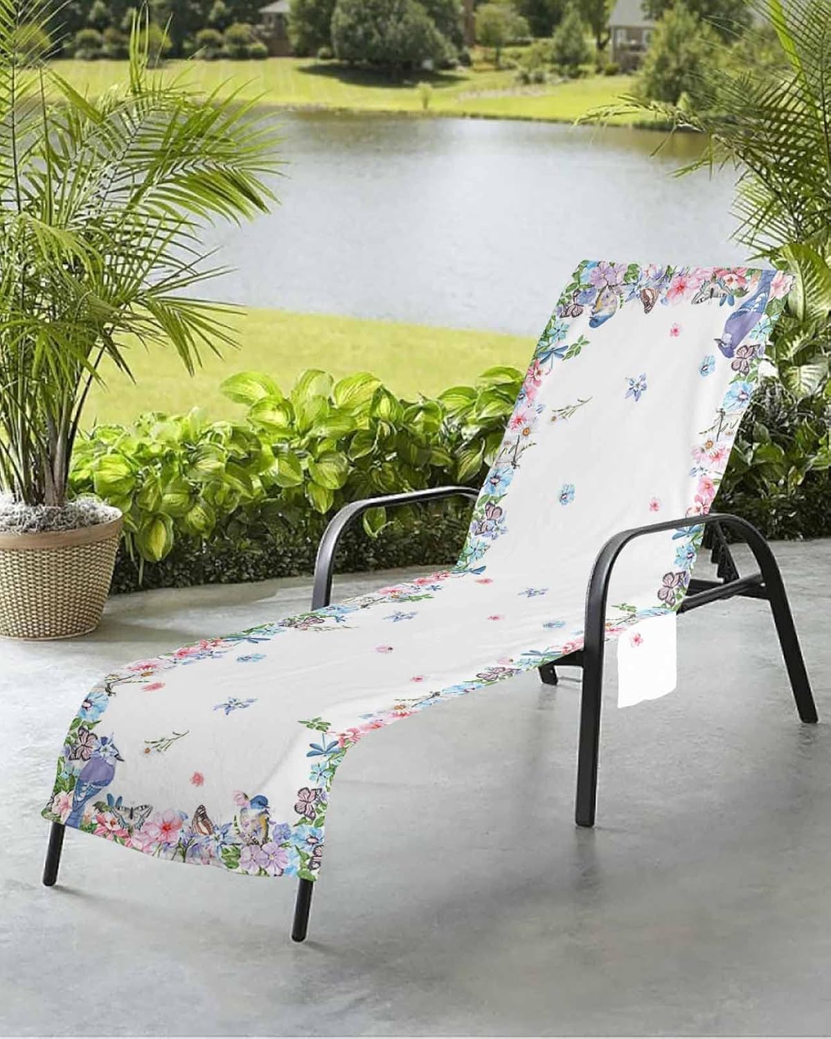 Watercolor Flowers Beach Pool Patio Lounge Chaise Chair Cover Towel With Pockets,Absorbent & Quick Dry Microfiber Towel Cover Bag Summer Accessories for Sunbathing Chrysanthemum Plant Dragonfly Bird