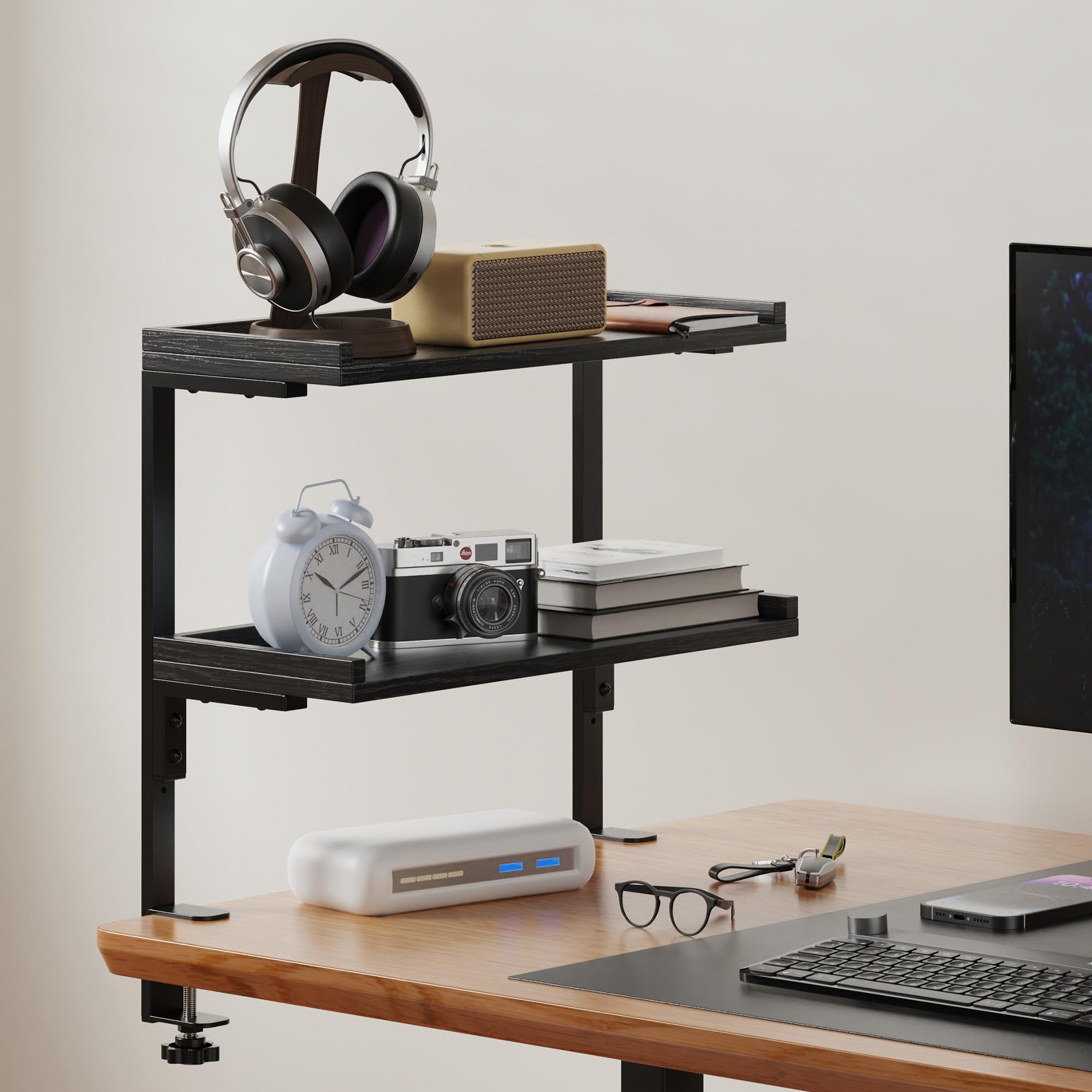 THYGIFTREE Mensola da Scrivania in Legno a 2 Livelli, Lungo 31.8 cm Scaffale da Scrivania per la Parte Superiore e Inferiore, Organizer per Accessori, Ufficio e Gaming (Nero)