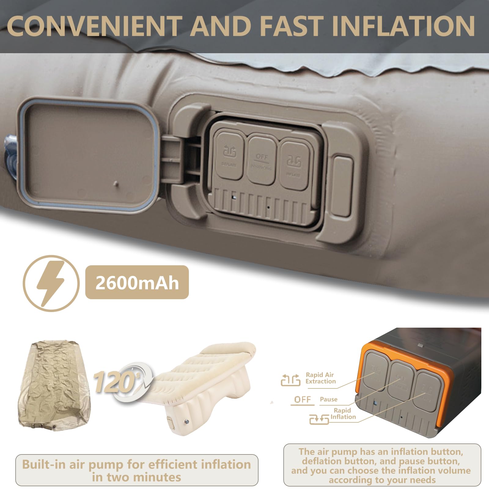 doietc Self-Inflating Air Mattress Back Seat for SUV Portable PVC Air Couch Flocking Surface Car Air Couch Mat Built-in Charging Pump with Inflate-Deflate Function Beige and Brown