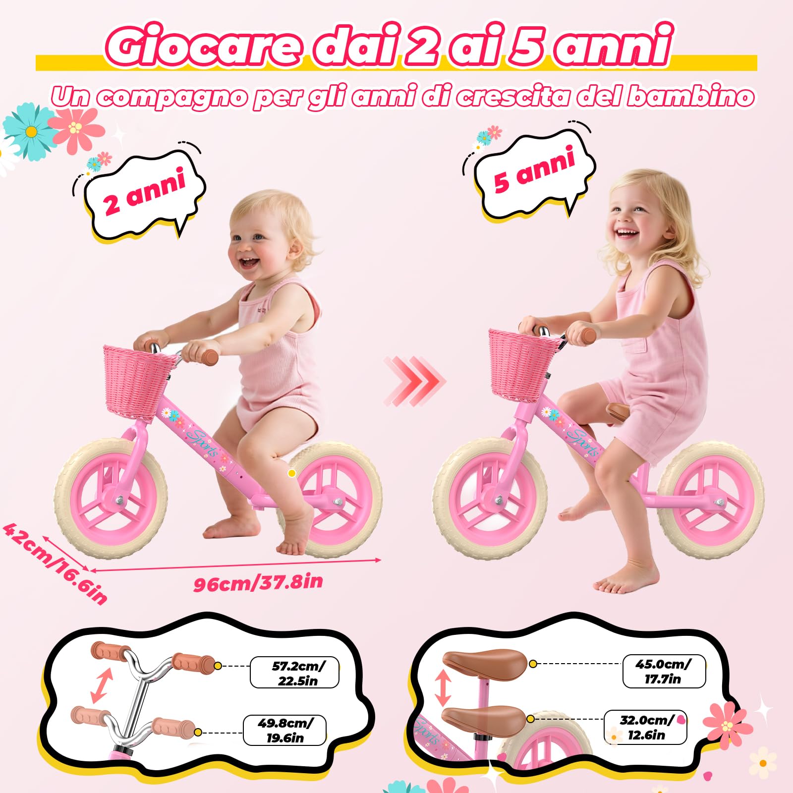 HappyGoLucky Bici Senza Pedali 2-5 Anni, Bicicletta Bambina – Ruote Luminose/Altezza Regolabile/Cestino Intrecciato, Giochi Regalo Giocattoli Gioco Bambina 2-5 Anni
