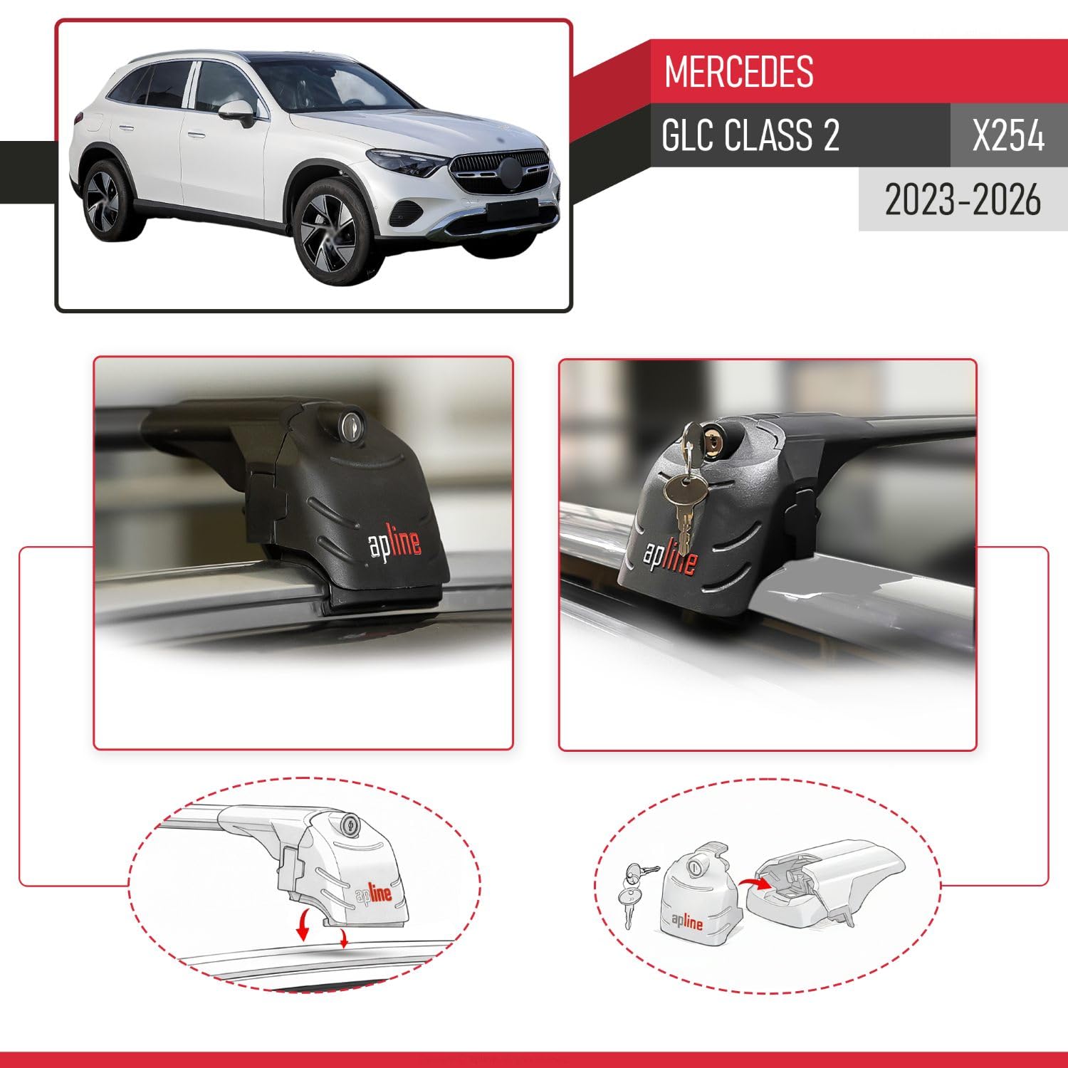 RE&AR Tuning Compatible avec Mercedes Classe GLC 2 (X254) 2023-2025 ACE-2 Barres de Toit Railing Porte-Bagages de Voiture Noir Aluminium 2 Barres