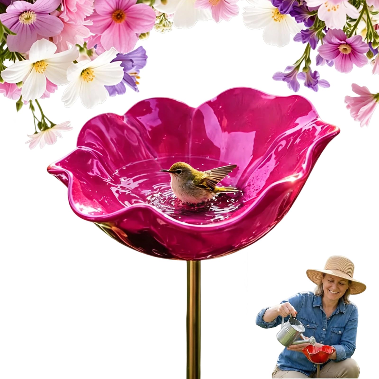 Metal Flower Garden Stake – Handmade Bird Bath & Bee Watering Station for Garden, Flower‑shaped Metal Bird Feeder, Colorful Outdoor Yard Decor, Birdbath with Stake for Yard Decor (Magenta,1PC)