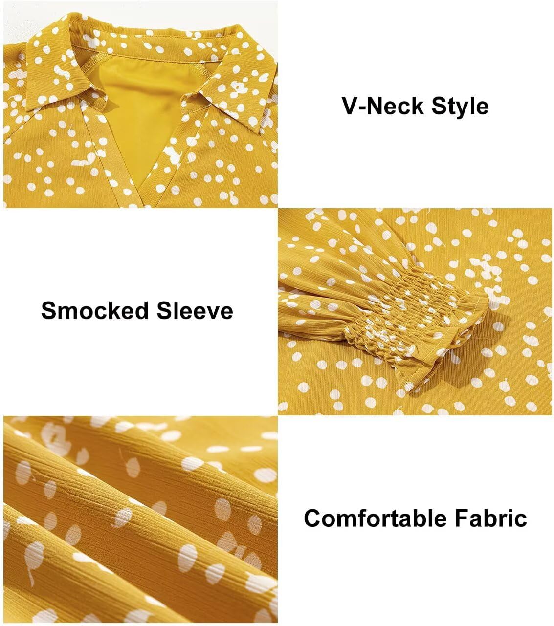 Astylish Womens Fashion Smocked Raglan Sleeves V Neck Collared Tops Chiffon Alicia Flower Print Blouses Spring Dressy Shirts Work Business Boho Tunic Yellow X-Large - Image 6