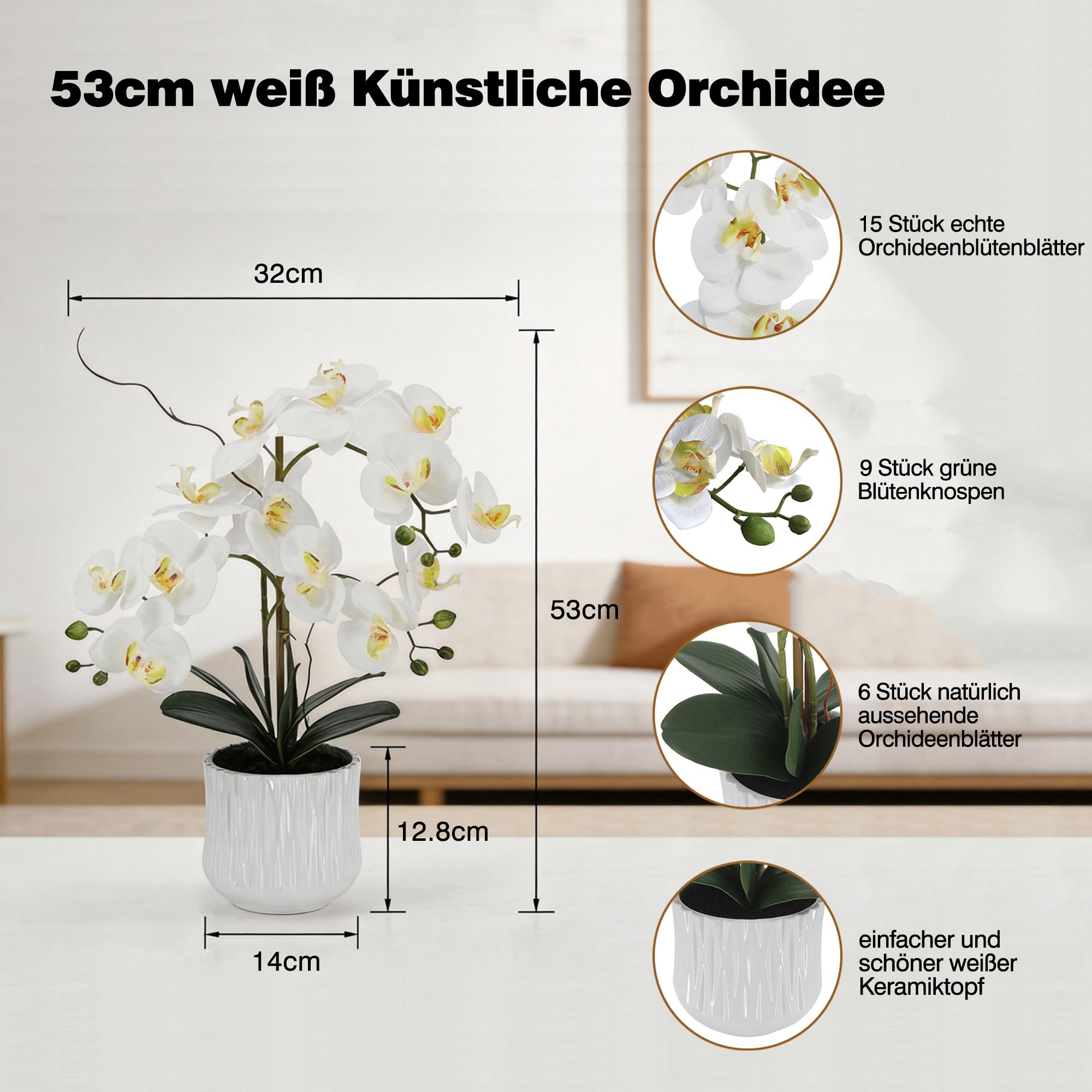 21" 53cm künstliche Orchideenblüten fühlen sich echt an, gefälschte Orchideen-Phalaenopsis-Pflanze im Keramiktopf Kunstorchideen-Seidenblumenarrangement für Heimbüro-Tisch-Badezimmer, doppelte Stiele