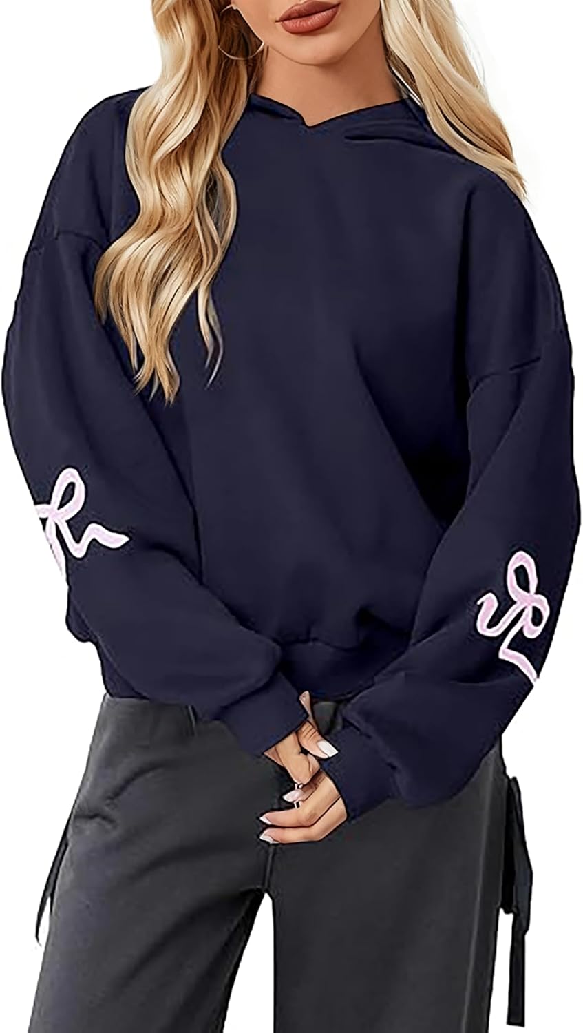 Soamat Womens Bow Print Hoodies Fleeced Oversized Hooded Sweatshirts Long Sleeve Cute Graphic Drop Shoulder Pullover Tops