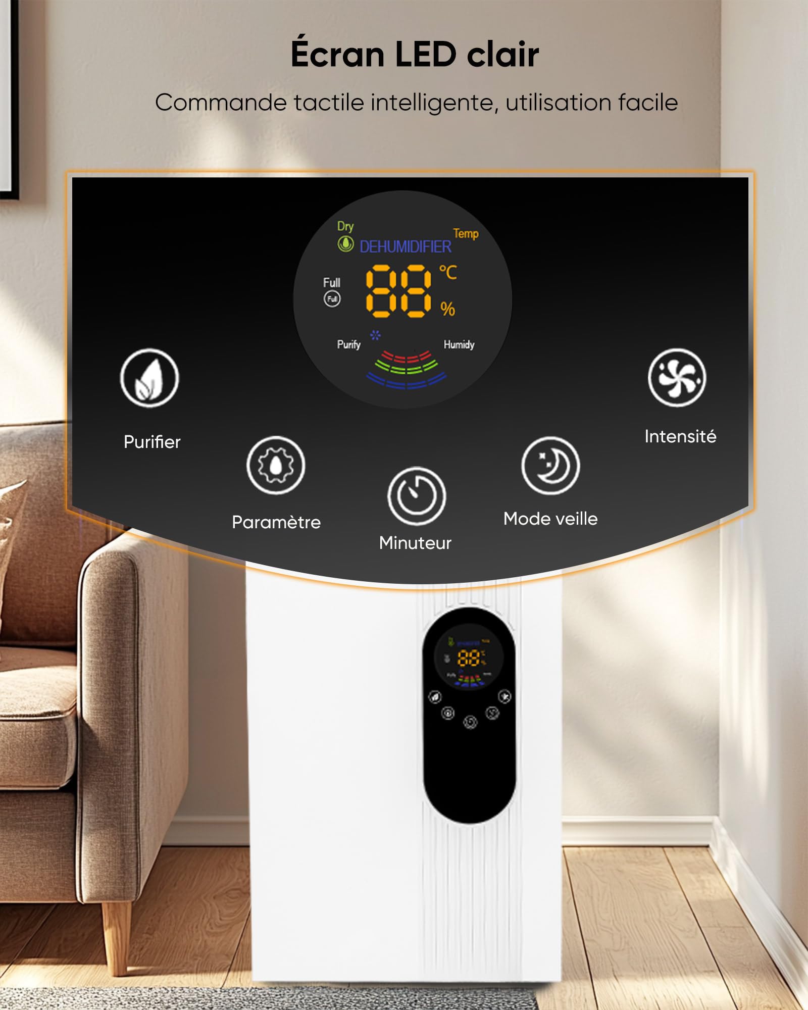 Deshumidificateur d air Electrique 2.2L Anti Moisissure, Éco Déshumidificateurs Maison Portable Silencieux avec Télécommande Dégivrage Arrêt Automatique, 24H Minuteur/Purification/Mode sommeil