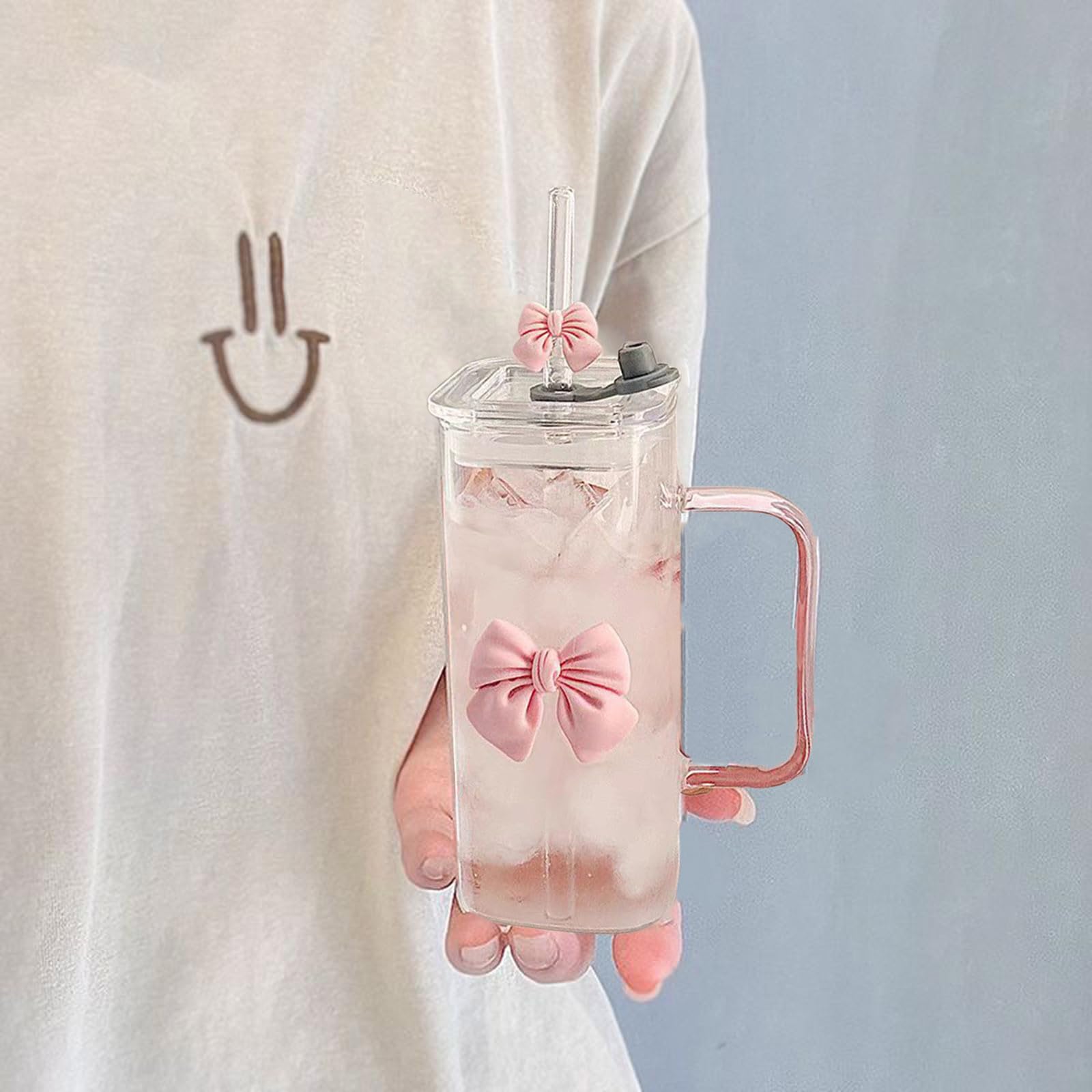 Square Transparent Glass Cup with Bow, Mug with Lid, Glass Straw and Handle, Delicate High and Low Temperature Resistant Cup for Milk Juice Coffee, Tea Cups for Home, Office, Dining Room (1pc)