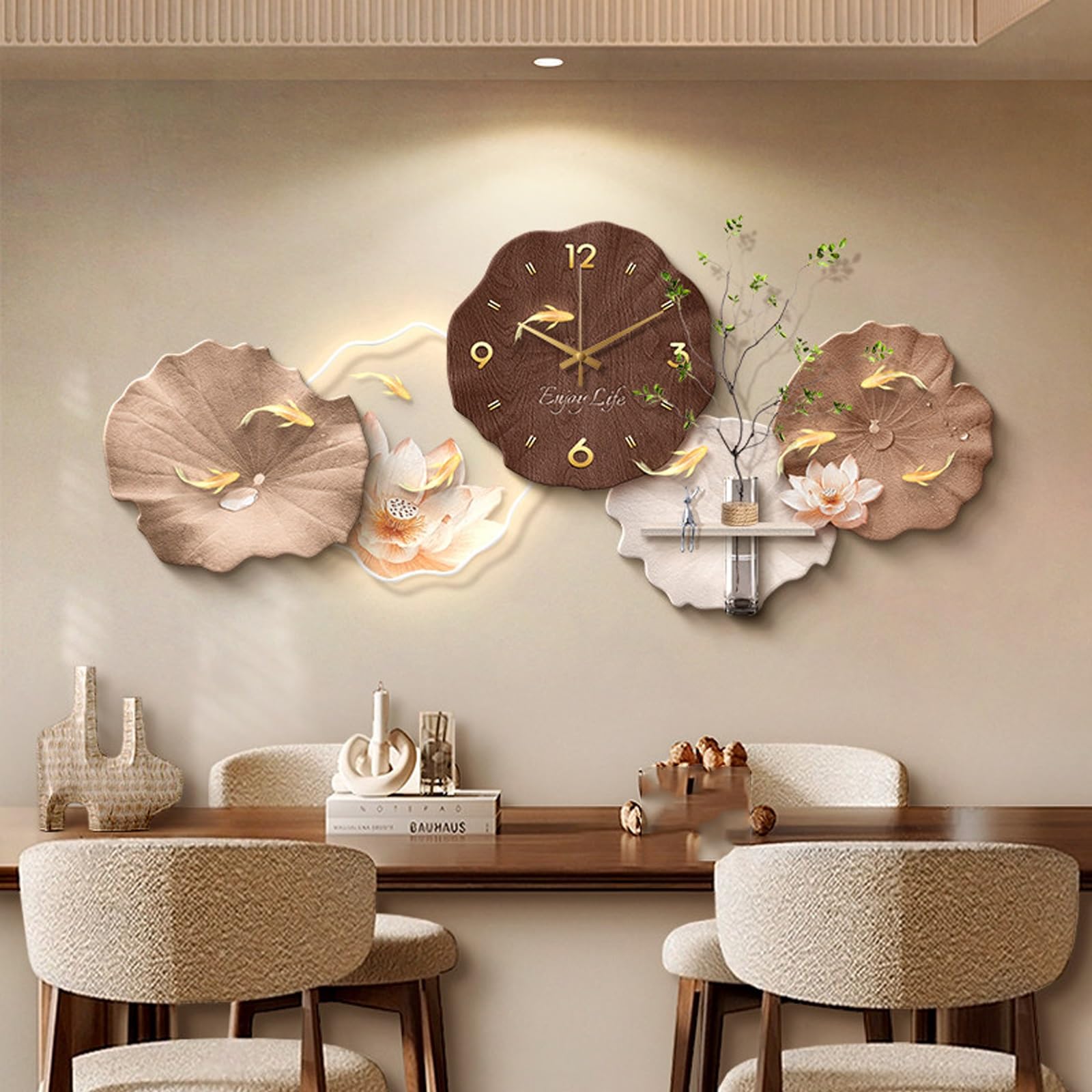 ITOSUI 3D Art Wall Clock with LED Light,Decorative Lotus Leaf Fish Wall Clock,Non-Ticking,Entryway Wall Decoration,Plug-in Power Supply,for Living Room,Bedroom,Dining Room(Brown,47.2 * 21.6in)