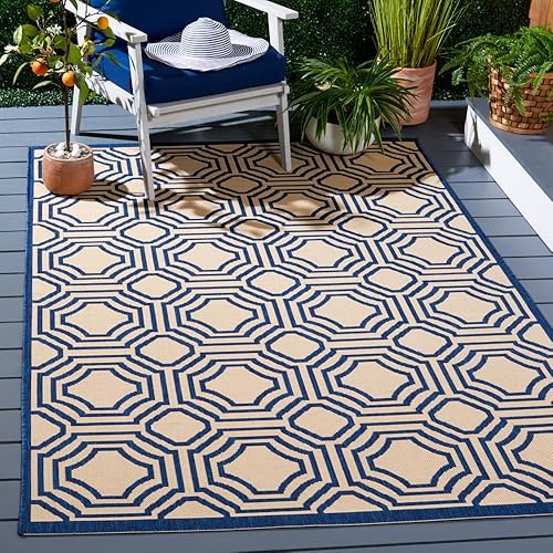 SAFAVIEH Courtyard Collection - Alfombra decorativa, de 4 x 5 pies 7 pulgadas, beige y azul marino, no desprende pelusa y de fácil cuidado, para SAFAVIEH Courtyard Collection - Alfombra decorativa, de 4 x 5 pies 7 pulgadas, beige y azul marino, no desprende pelusa y de fácil cuidado, para