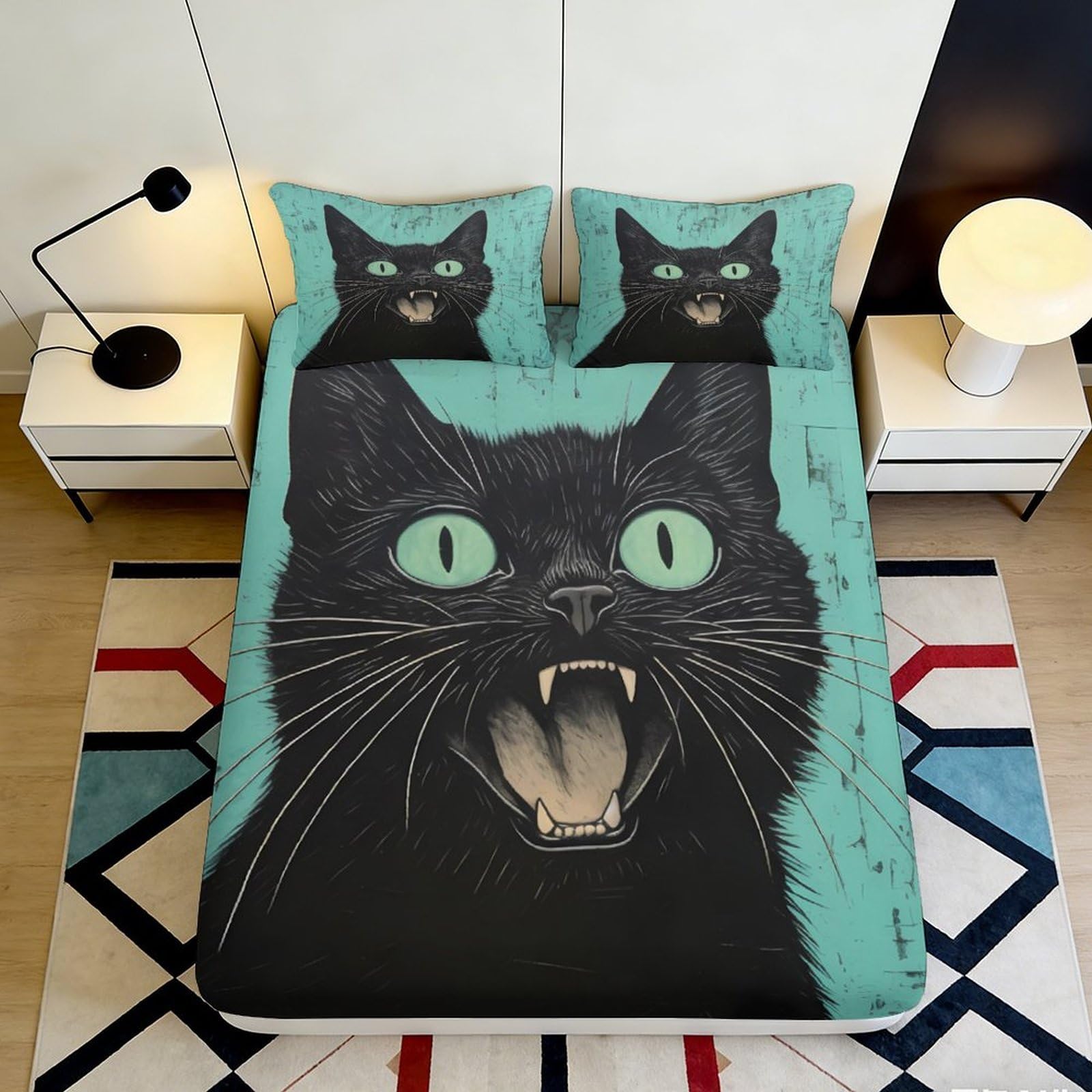 3D Printed Black Cat Art Fitted Sheet Microfiber Soft Breathable Green Eyes Bed Cover for Bedroom Guestroom Decor 90x200x25cm