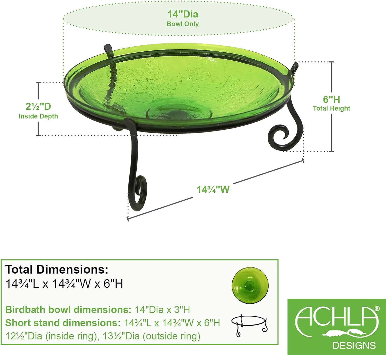 Achla Designs 201-7031 14 Inch Fern Green Crackle Short Stand II Birdbath