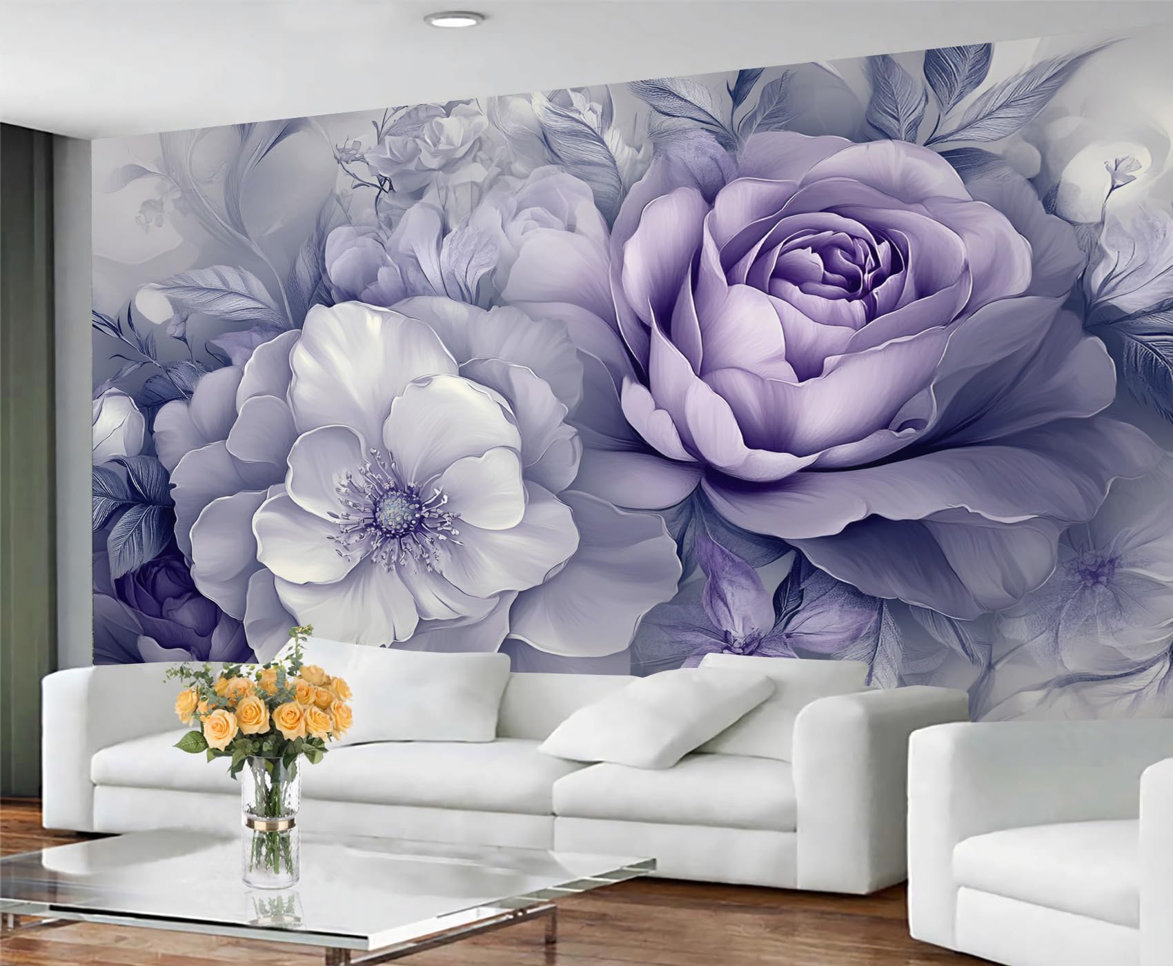 Papier peint floral grand format avec roses violettes pour salon et chambre