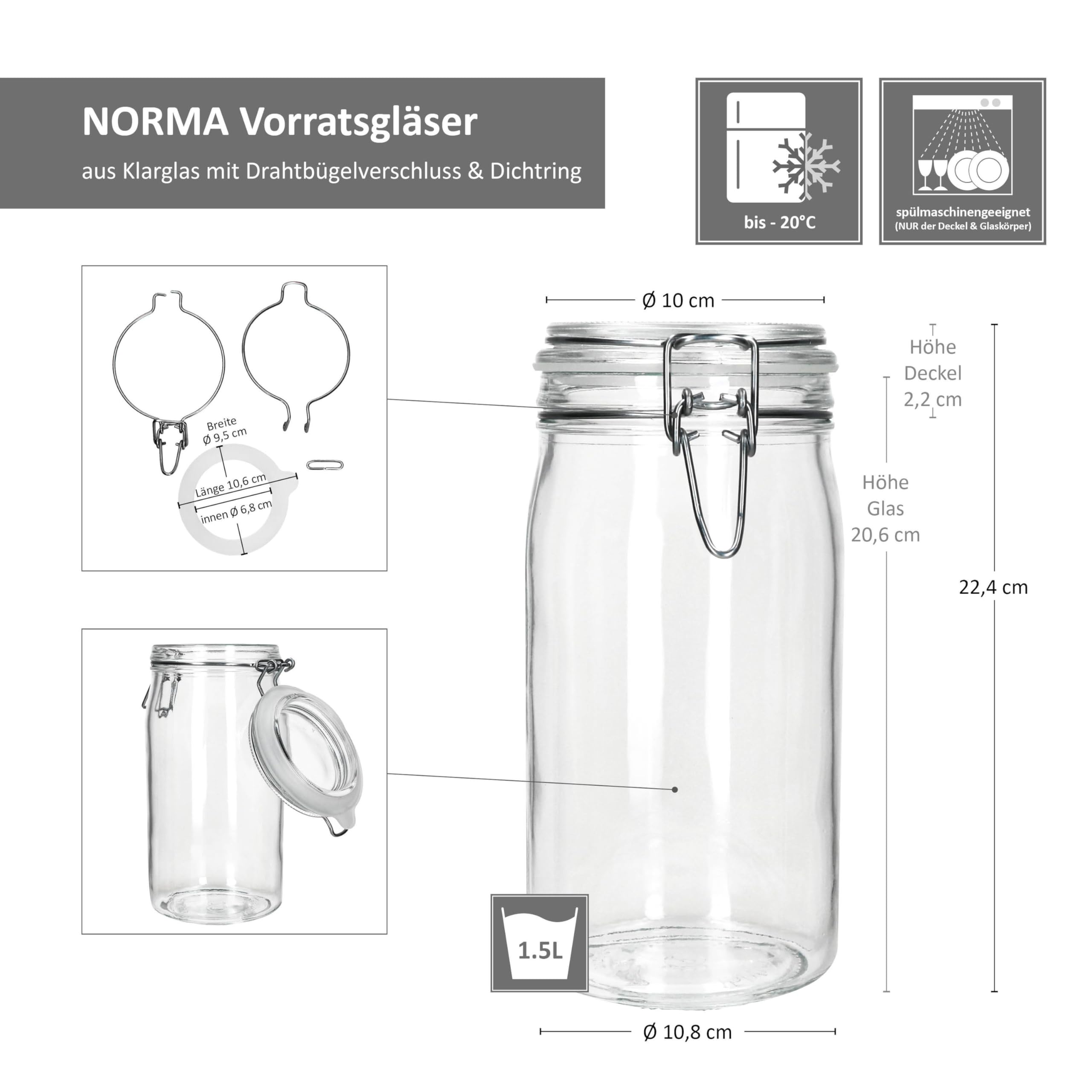 MamboCat Norma - Set di 6 barattoli ermetici rotondi, 1,5 l, con chiusura a gancio, ideali per inscatolare, fermentare e conservare
