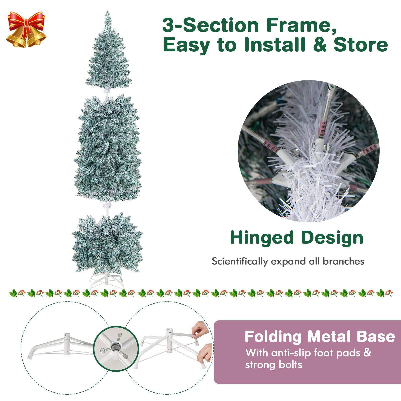 LIFEZEAL Albero Di Natale LED 150cm - PVC Innevato Con 170 Luci, 8 Effetti Luminosi, Base Metallica, Verde - 4