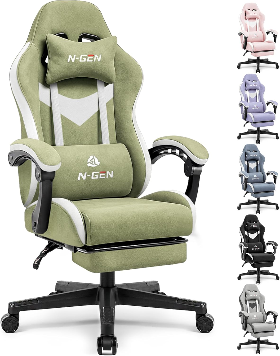 N-GEN GAMING Video Gaming Chair Office Computer Desk Use Ergonomic Reclining Backrest Adjustable Armrests Lumbar Support Footrest High Density Foam Breathable Fabric Heavy Duty Base (Green)
