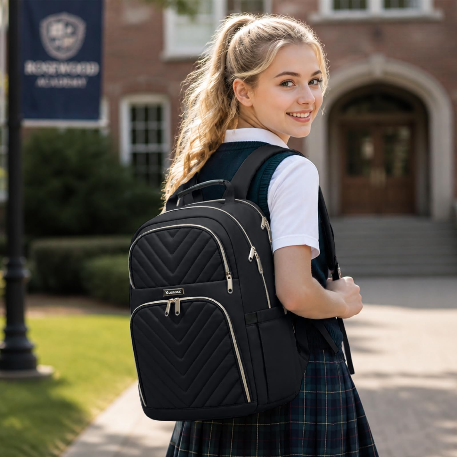 Rucksack Damen Arbeit Rucksack, 17.3 Zoll Schulrucksack Mädchen Teenager | Laptop Rucksack Stylischer Daypack Wasserdichte für Schule, Uni, Reisen, Schwarz