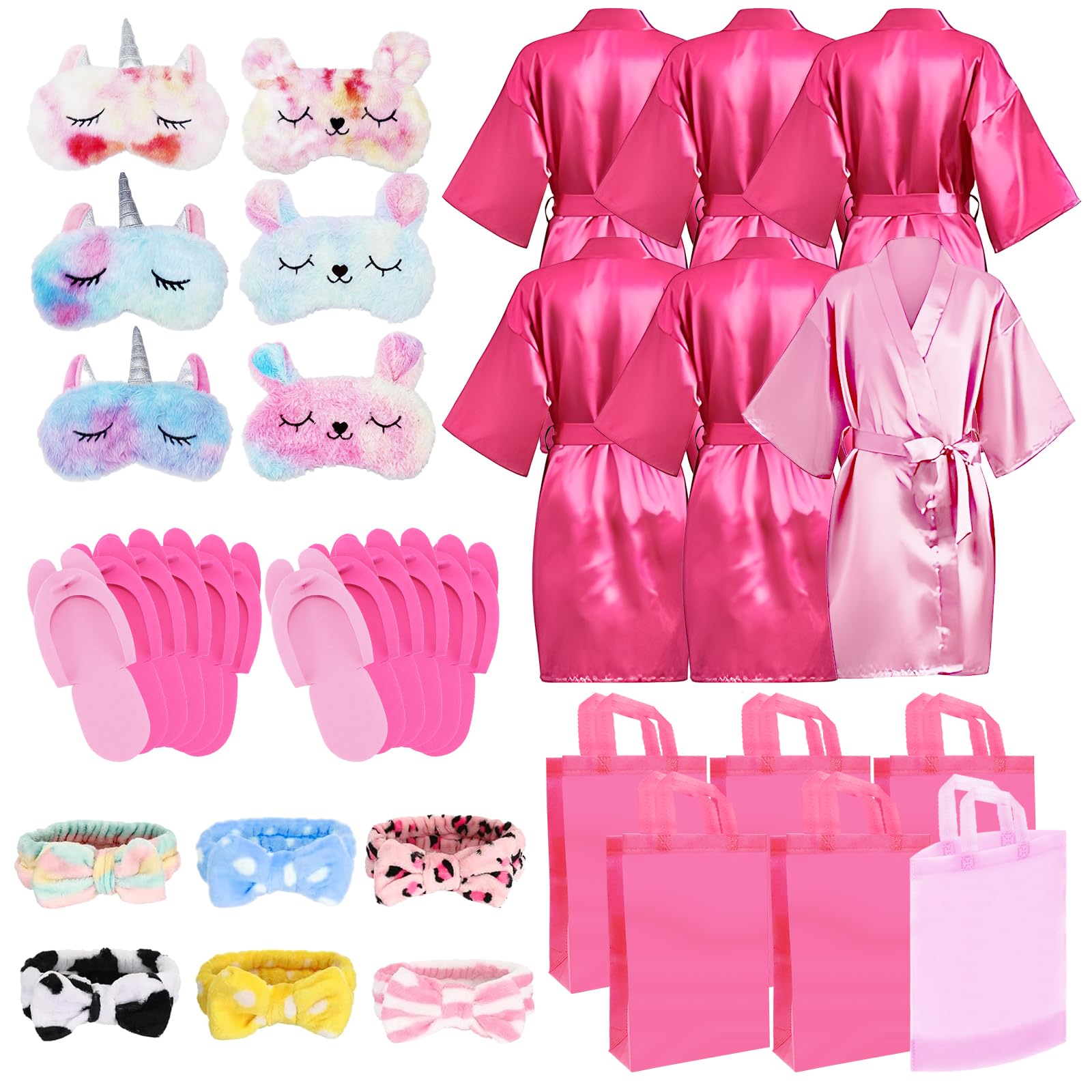 MSYU Lot de 30 fournitures de fête spa pour filles, 6 peignoirs en satin, 6 pantoufles pour enfants, soirée pyjama, fête d'anniversaire, spa – Étiquette de taille 8, rose rouge, rose