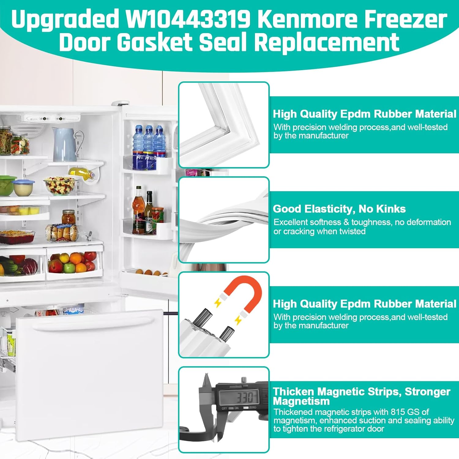 Upgraded W10443319 Refrigerator Freezer Door Gasket Replacement Compatible with Whirlpool Kenmore Maytag, Jenn Air, Amana & KitchenAid Freezer Door Seal Replaces W10133249, W10571960,W10164040