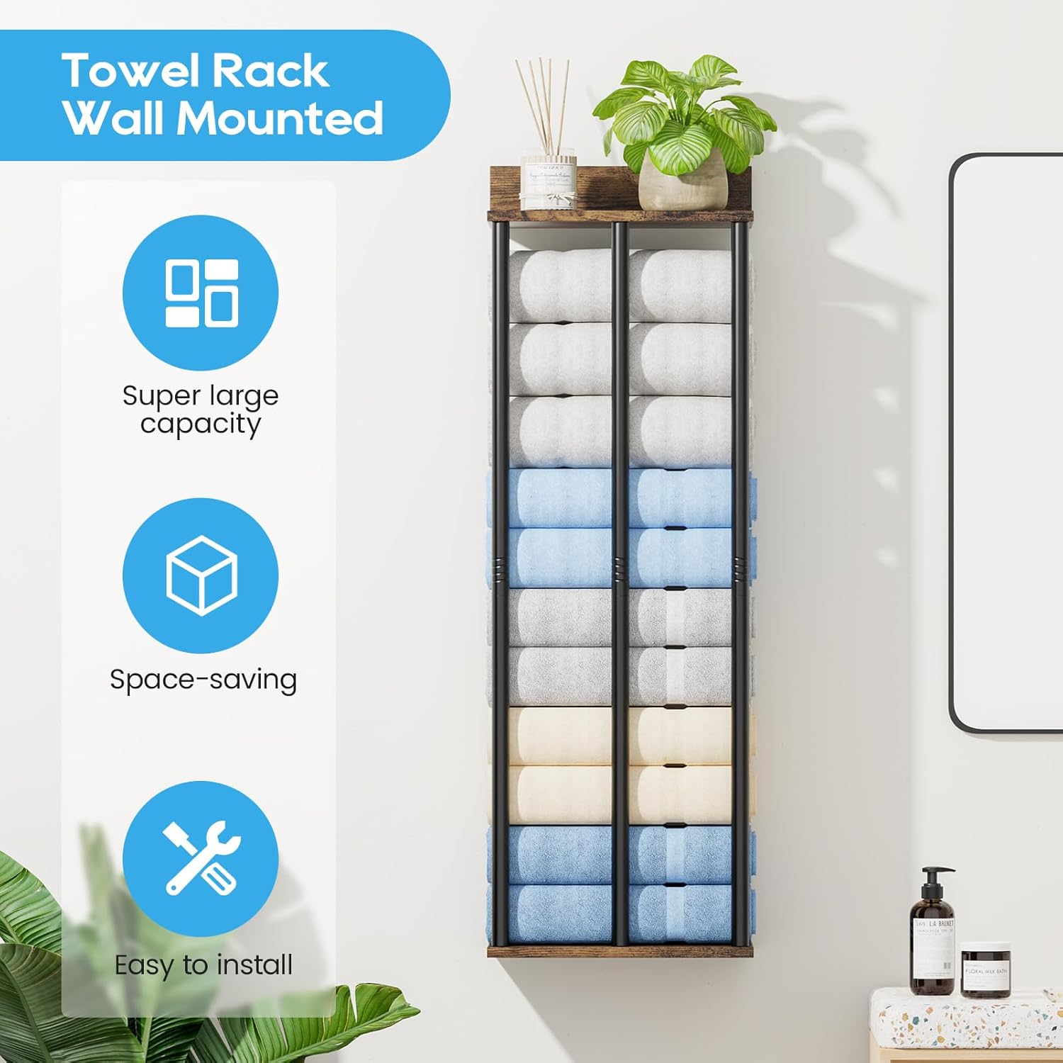 Towel Racks for Bathroom Wall Mounted with Wooden Storage Shelf, Updated 3 Bar Metal Towel Holder for Rolled Towels, Sturdy and Large Capacity, Towel Storage Organizer-Rustic