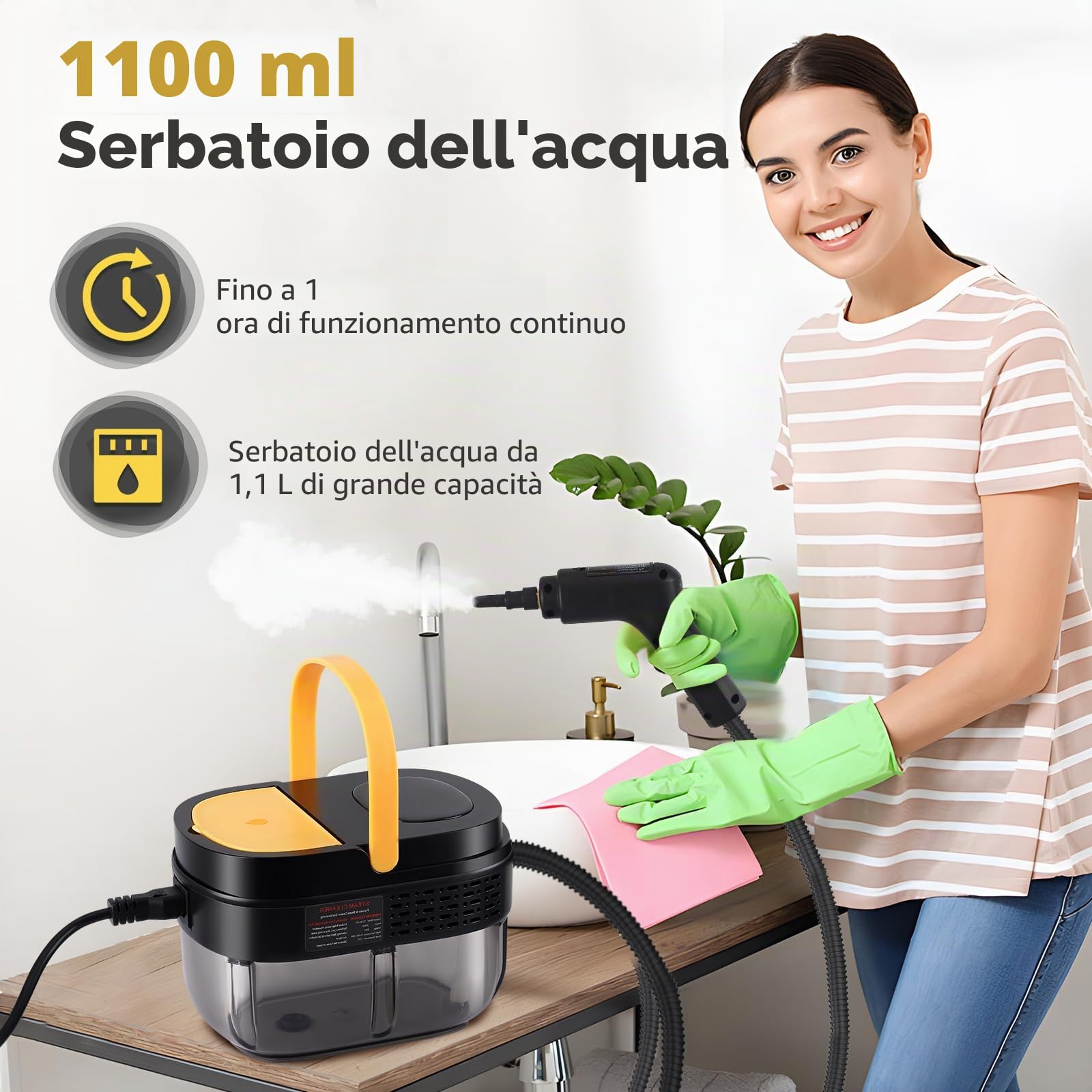 2500 W pulitore a vapore con schermo digitale, pulitore a vapore a mano con 7 teste di spazzola regolabili su 3 livelli, 1100 ml serbatoio d'acqua di grande capacità per pulizia, divani, piastrelle