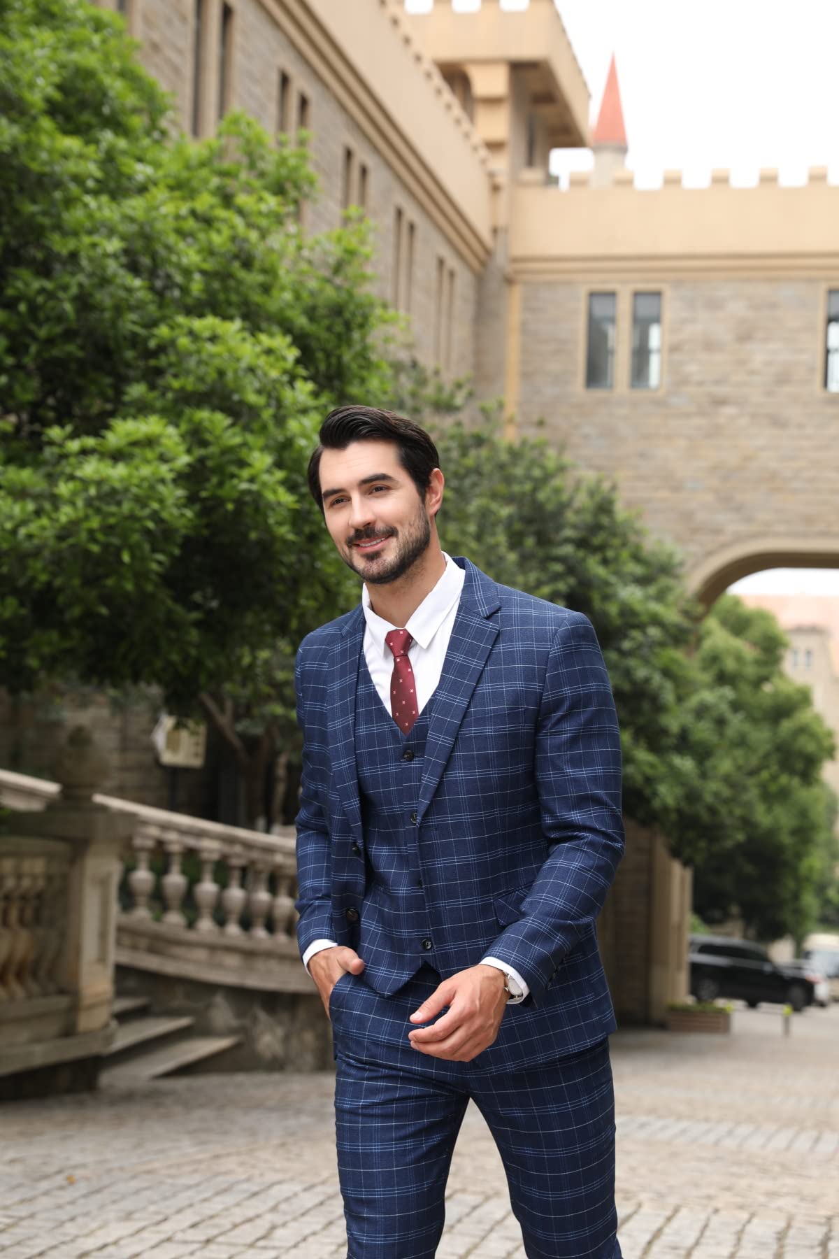 Allthemen Dres męski, garnitur w kratkę, slim fit, 3-częściowy, marynarka, biznesowa, na wesele