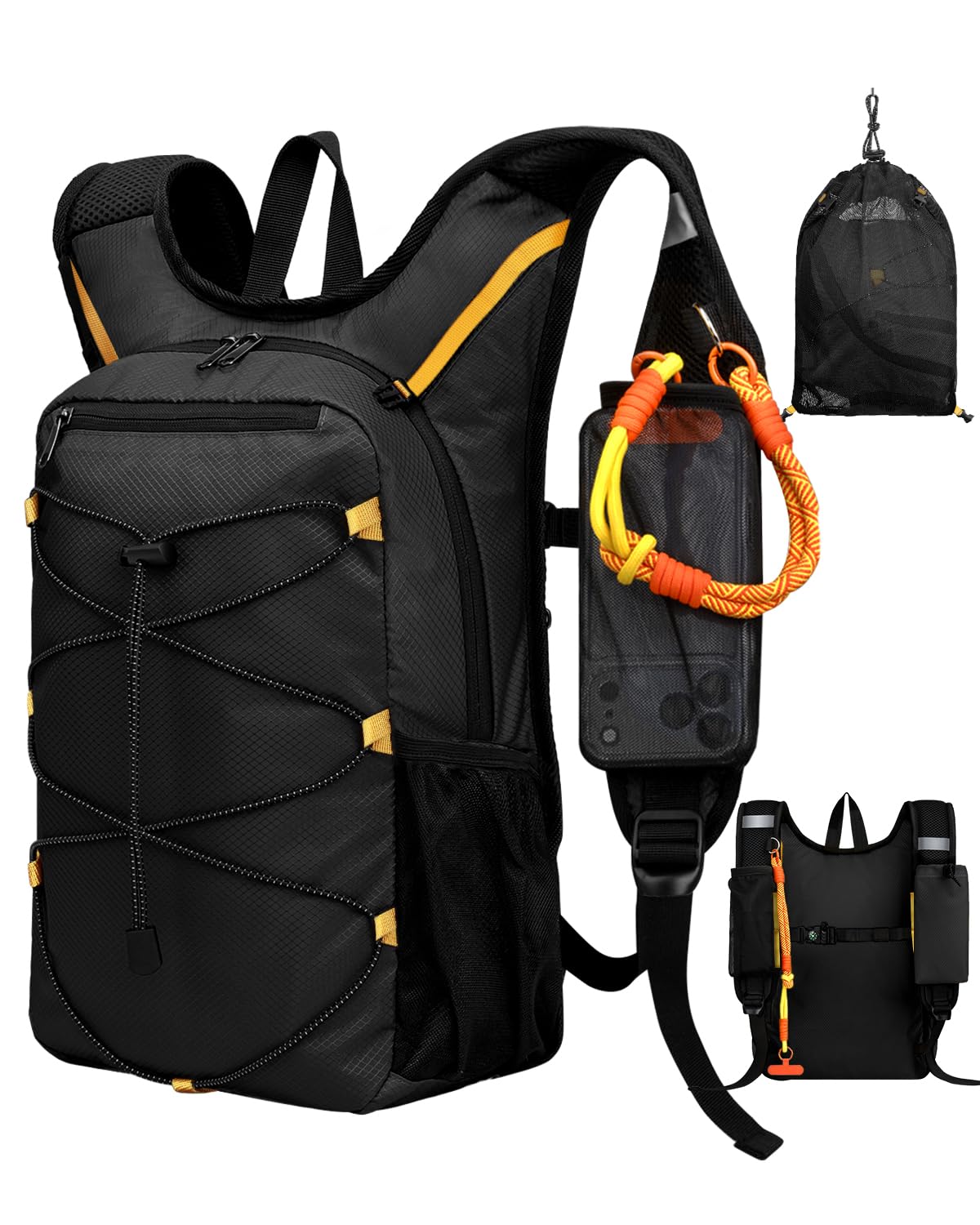 MOKURA 15L Small Hiking Backpack for Men Women, Lightweight Back Pack with a Detachable External Storage Pouch, Packable Foldable Hiking Daypack for Travel Camping Outdoor, Black