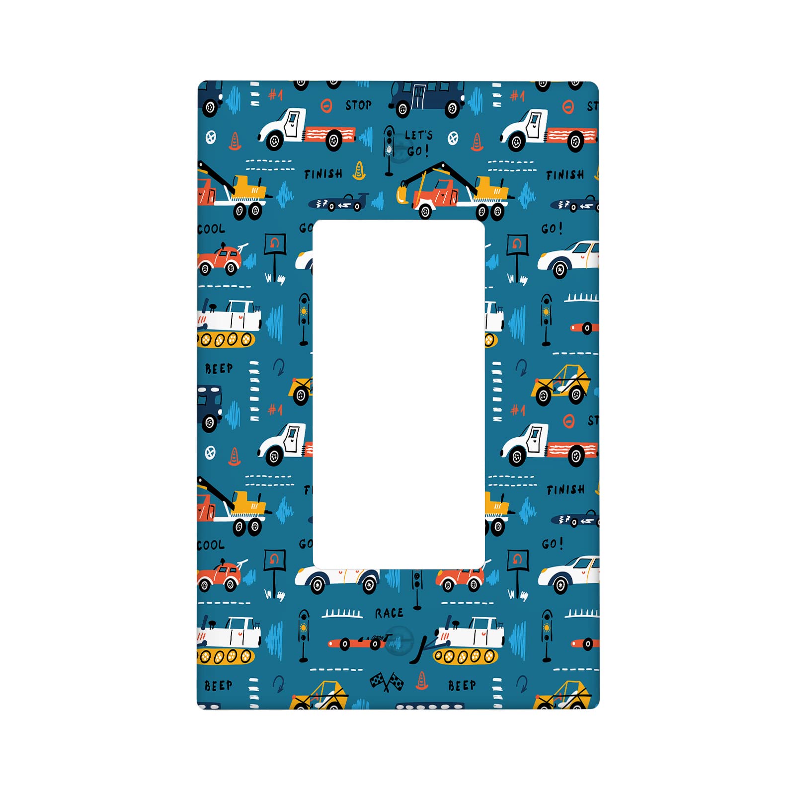 Kids Construction 1 Gang Light Switch Plate, Cartoon Racing Car Trucks Traffic Single Rocker Wall Plate Cover Decorative Electrical GFCI Switchplate