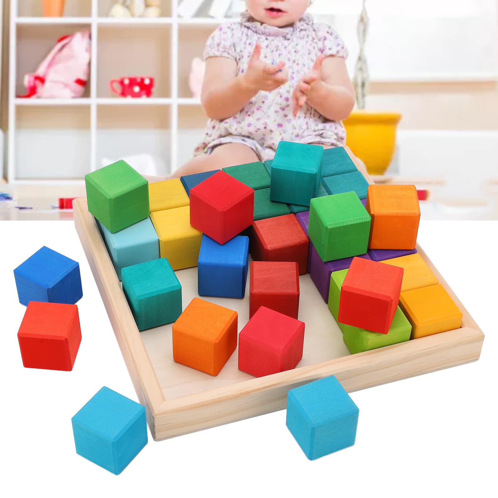 Cubi Colorati Impilabili in Legno da 36 Pezzi con Struttura Dura, Blocchi Colorati per Bambini, Bordi Smussati, Set di Giocattoli in Legno