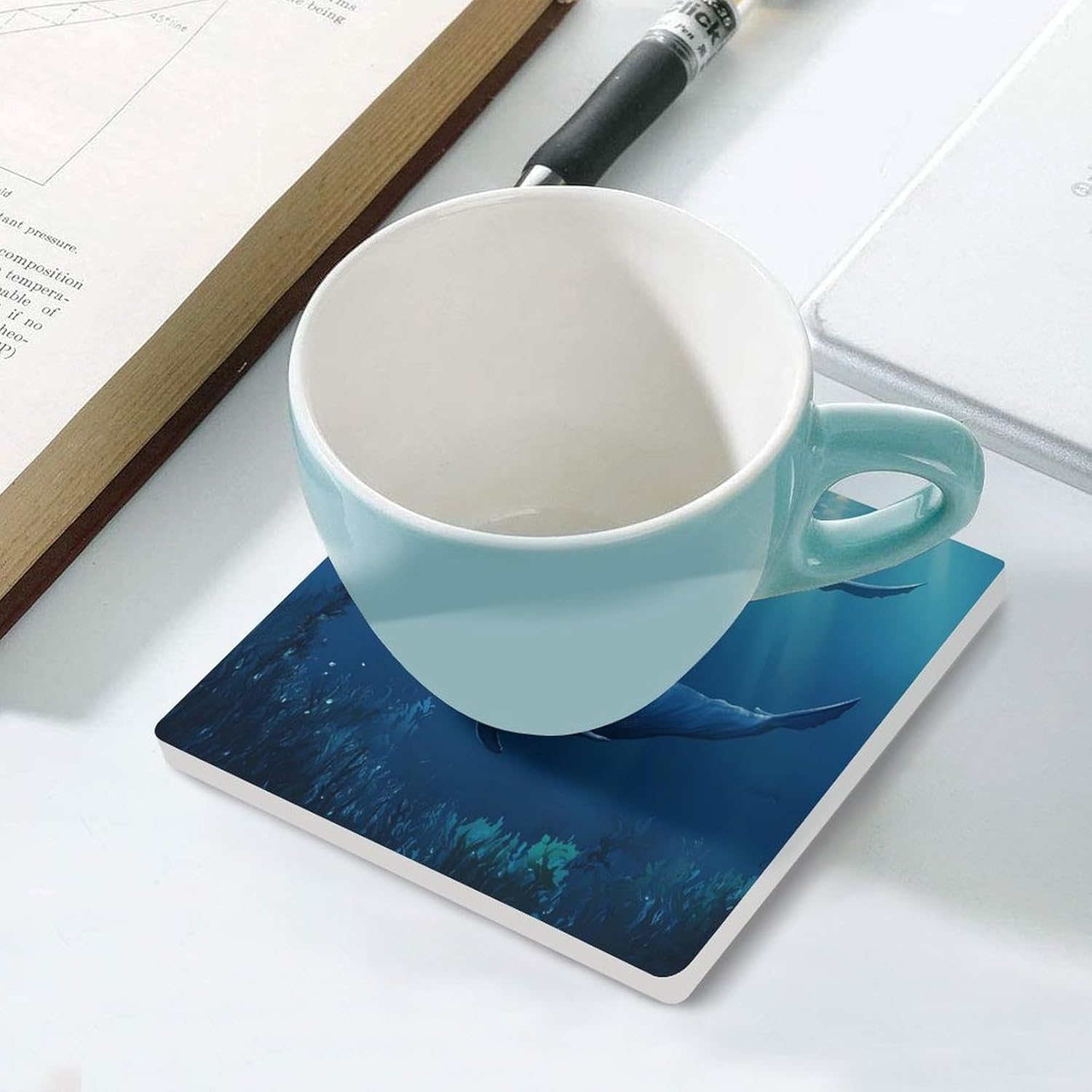 Blue Whale Coasters for Drinks Square Table Coasters Set Cup Mats with Cork Base