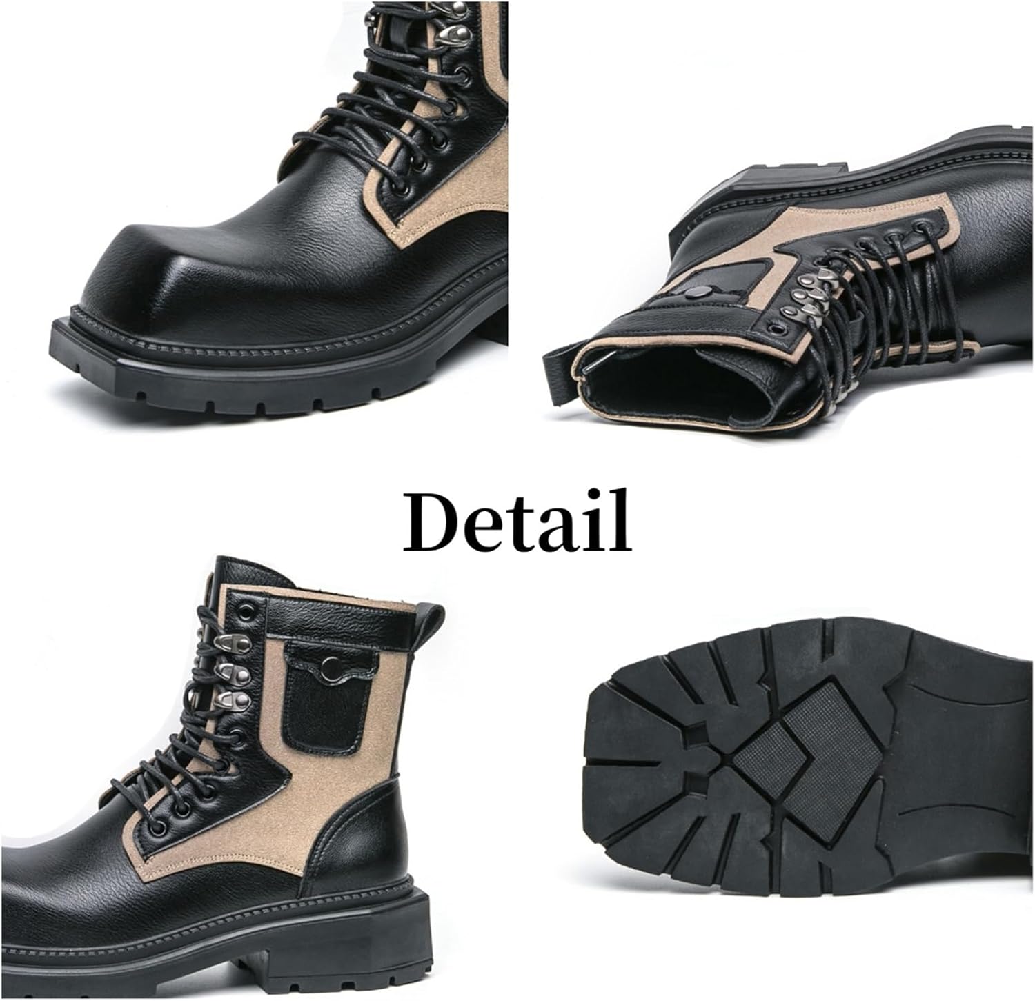 Men's Retro Motorcycle Combat Boots - Square Toe Platform High Top Lace Up Ankle Boots, Chunky Heel Casual Dress Shoes Non-Slip