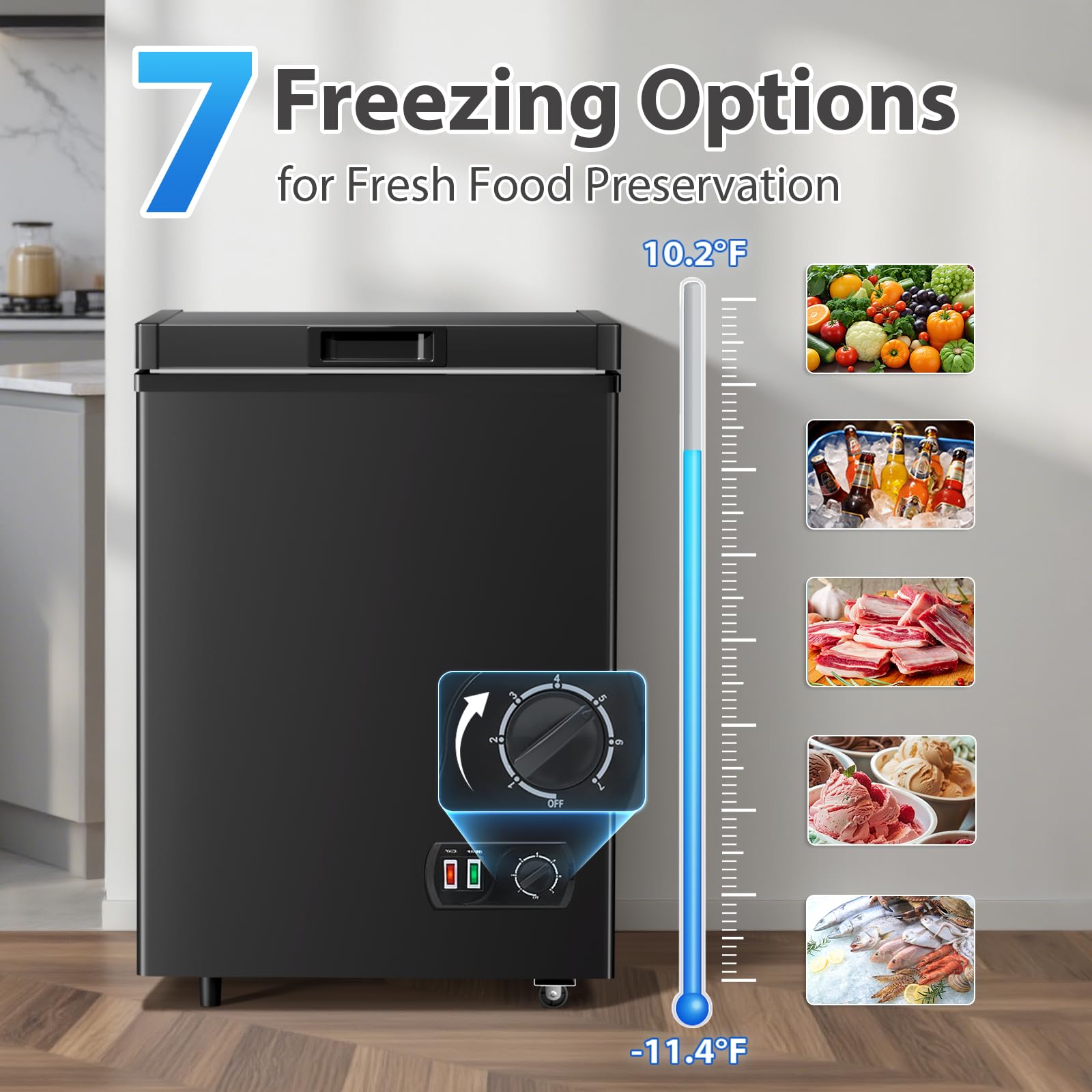LifePlus 4.2 Cu.Ft Small Deep Freezer, 7-Temp Adjustable Chest Freezer with Removable Basket, Wheels, Ultra-Quiet, Energy Saving, Top Open Door for Apartment, Garage, Office, Black on Fridge.com