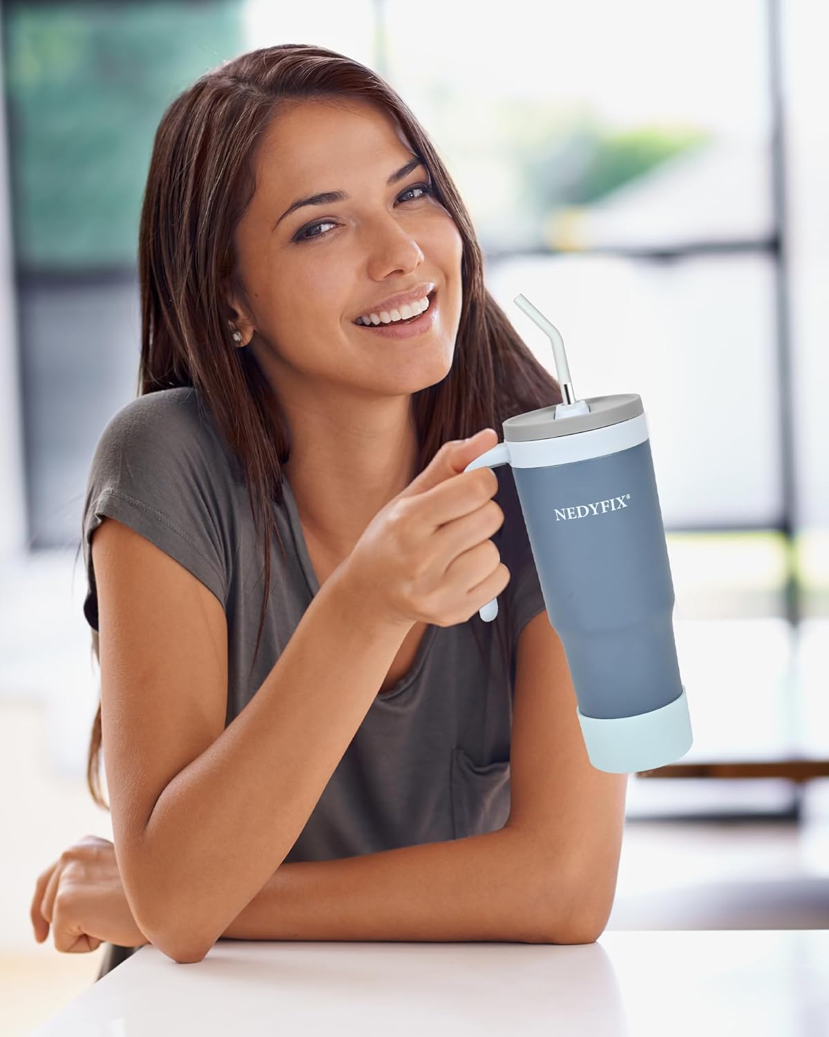 40 oz Tumbler with Handle and Straw Stainless Steel Water Bottle Car Cup Holder Friendly Travel Mug Cup-Dark Blue - Image 6