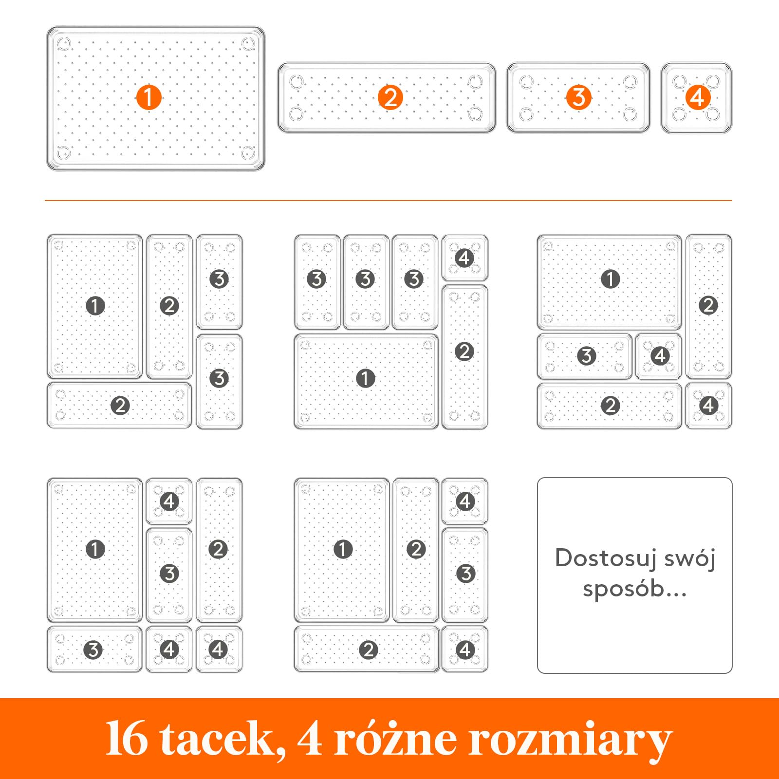 Lifewit 16 PCS Zestaw Organizer Szuflada Zestaw Jasny Plastikowy Szuflada Biurko Podziały Tace Kredens Przechowywanie Pojemniki Pudło z Podziałkami do Makijażu, Biżuterii i Gadżetów, Biuro