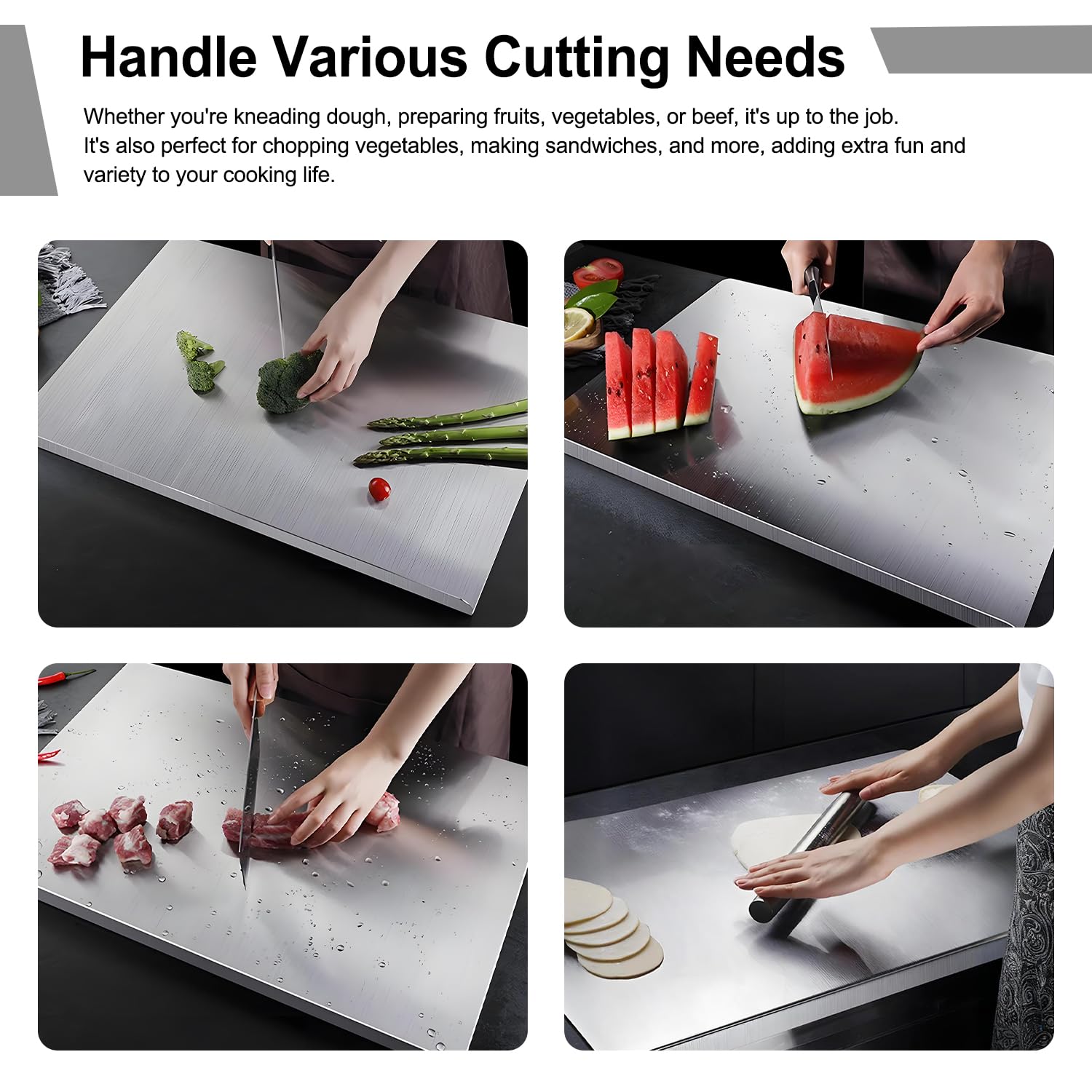 Tabla de cortar de acero inoxidable 304, tablas de cortar de cocina de acero inoxidable, antideslizantes, aptas para lavavajillas, ideal para carne, verduras, frutas, pan y hornear (11.8" x 15.7")