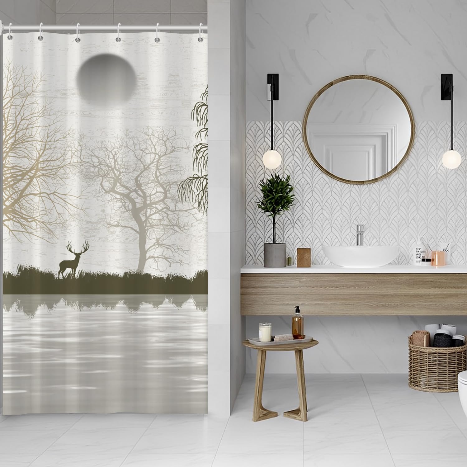 ASDCXZ Deer Shower Curtain 120x200 cm, Modern Art Lake Sun Landscape Painting Grey Bath Washable Narrow Shower Curtains with eyelets Polyester Textile Waterproof Shower Curtain for Bathtub with 8 Hook โ image 1
