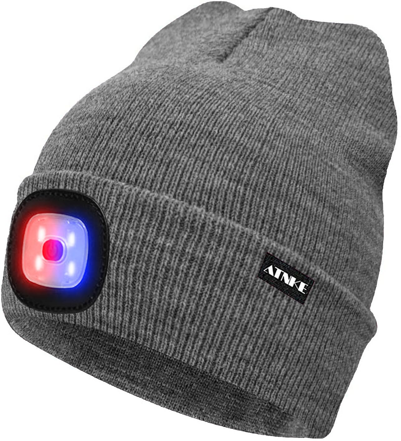 Atnke Men's Grey Led Lighted Beanie Cap,Usb Rechargeable 4 Led Red And Blue Glow Flashing Running Headlamp Hat Winter Warm Gifts For And Wo