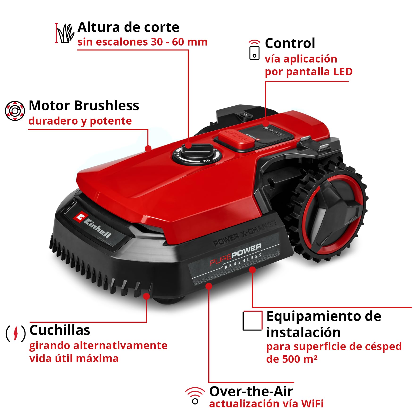 Einhell Robot cortacésped FREELEXO 500 Power X-Change (18 V, Control por aplicación, IPX5, actualizaciones por Aire vía WiFi, Incl. Equipo de instalación para 500 m² + batería de 2,5 Ah)