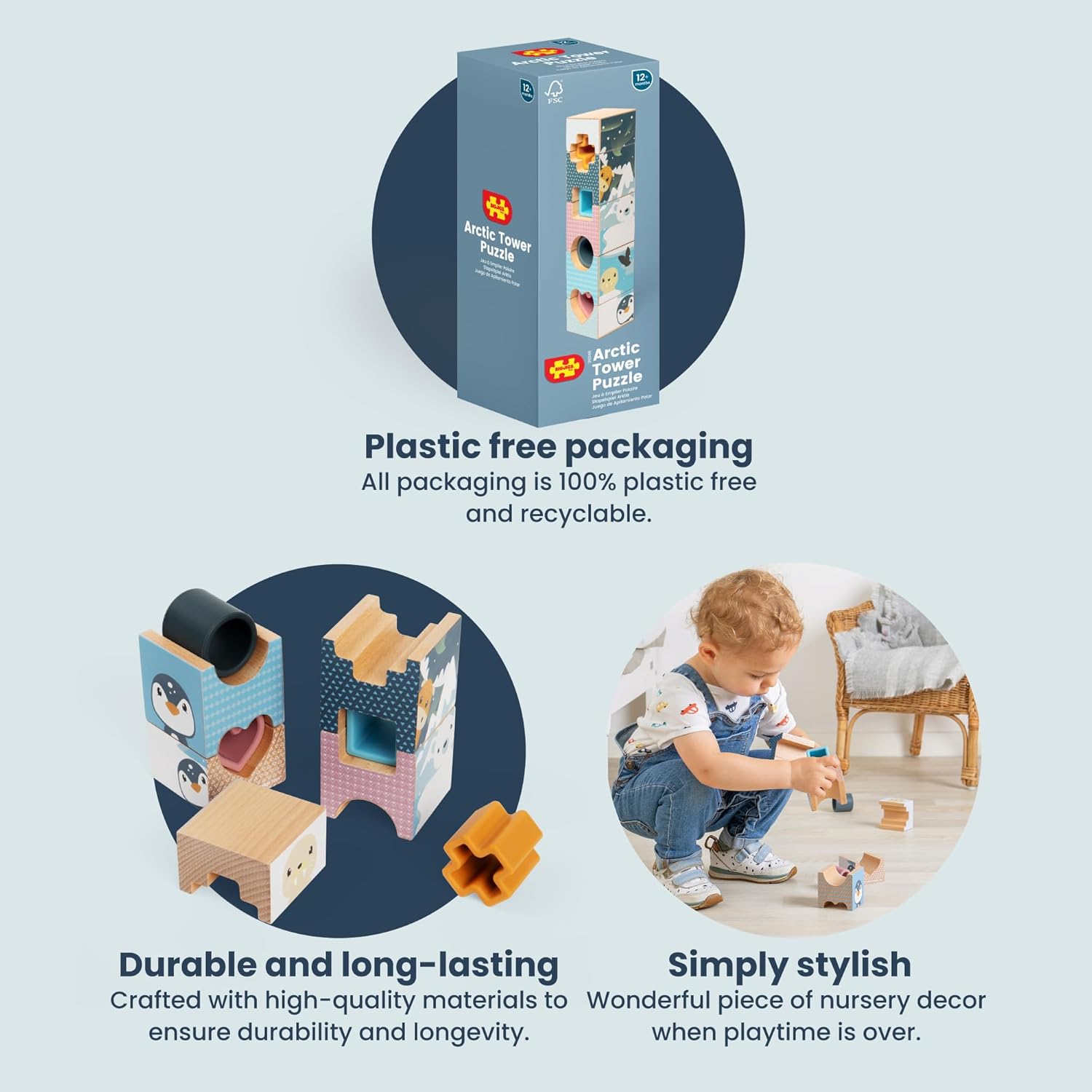 Bigjigs Toys Arctic Tower Puzzle - 9 Piece Wooden Stacking Toy & Shape Sorter, Animal Building Blocks Activity, Made from Sustainable Wood & Silicone, Baby Toddler Montessori Toys, for 1 Year Old +