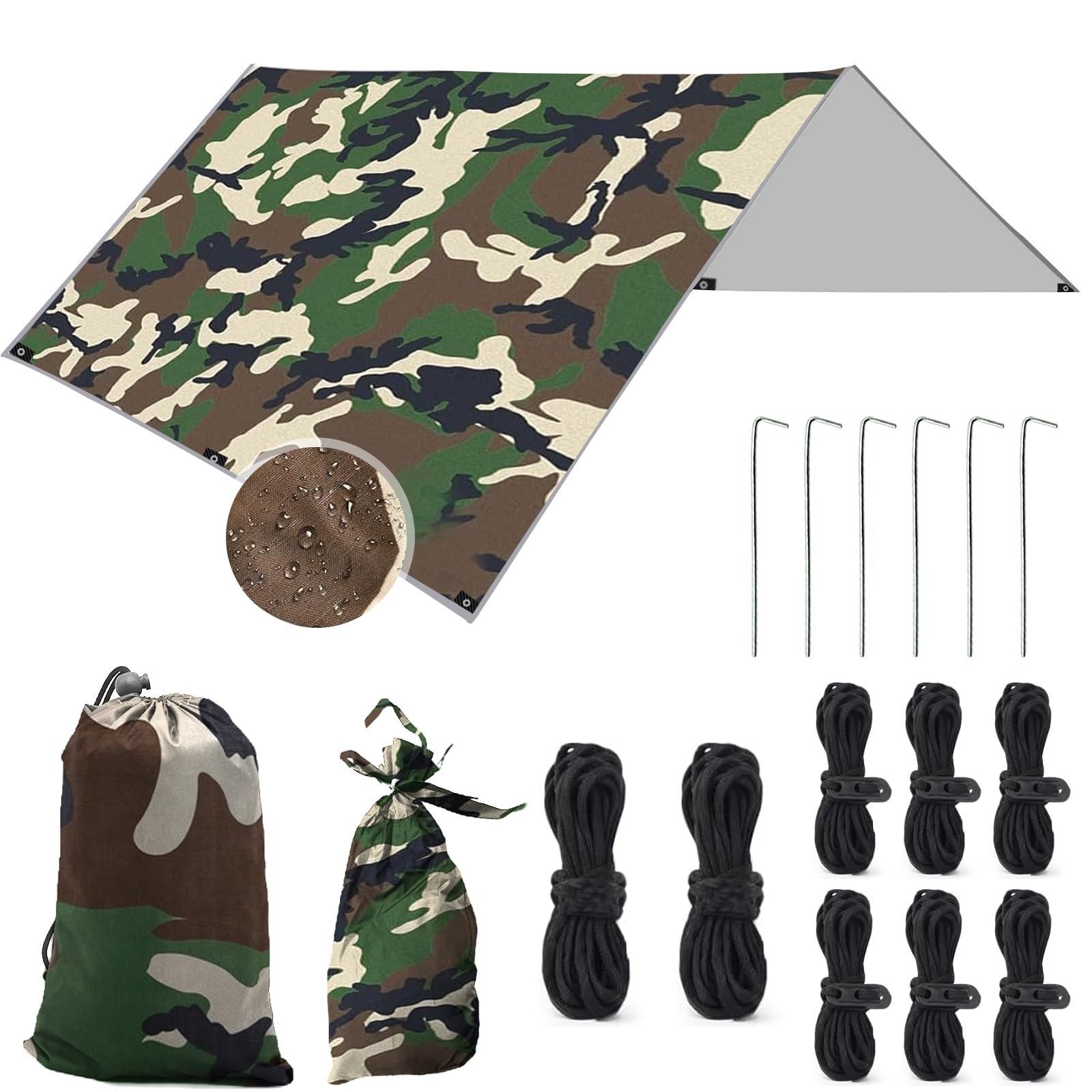 Toldo de Refugio Camping 3x3M, Toldo Camping Impermeable,Tienda de Campaña Tarp con 6 Cuerdas,6 Clavos de Tierra,2 Bolsa de Guarda,Lona Protectora Anti-UV para Vivac, Picnic, Playa, Hamaca