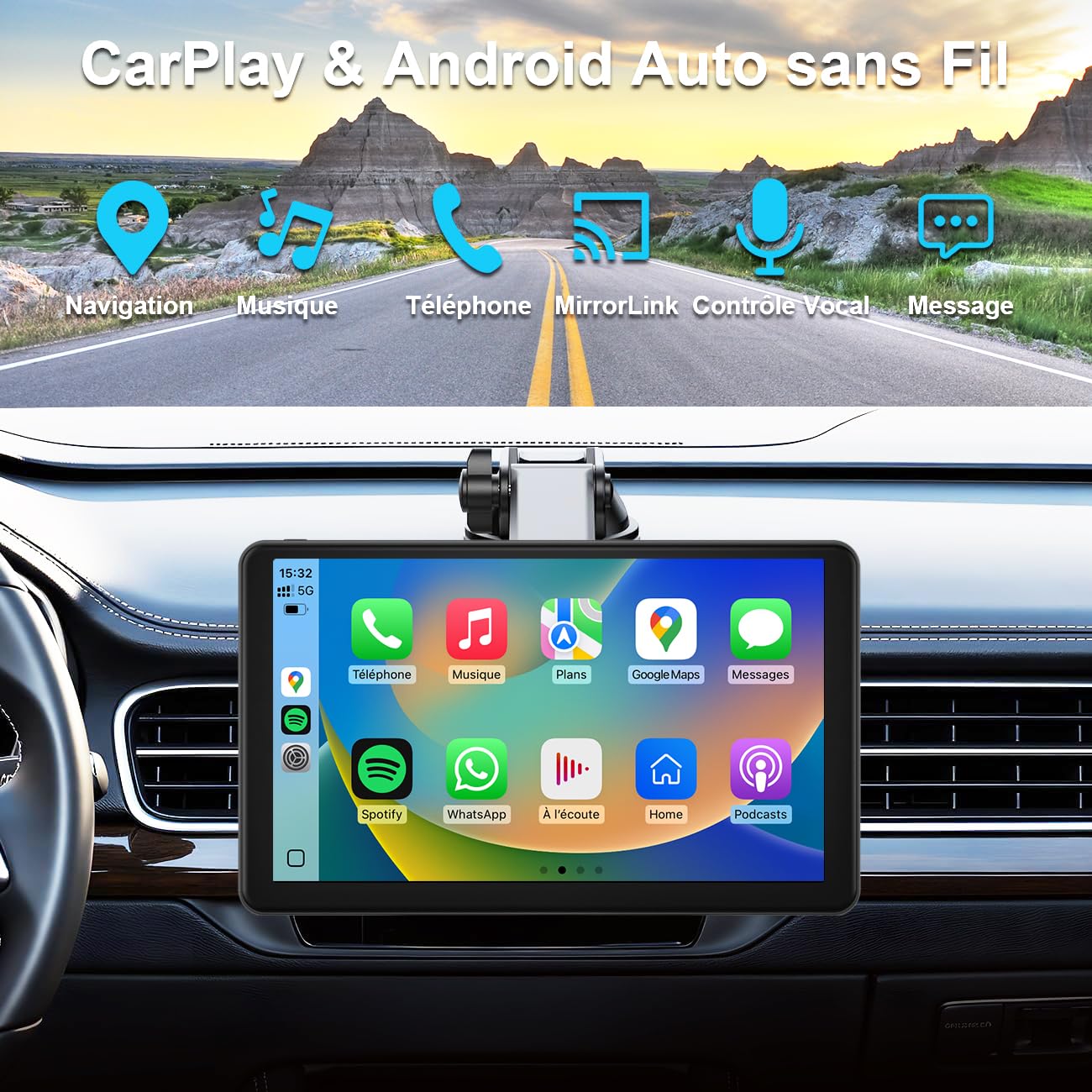 9 Pouces Écran Voiture avec Caméra de Recul, CarPlay sans Fil Android Auto | Portable Autoradio de Voiture avec Commande Vocale, Navigation GPS, FM, MirrorLink, Bluetooth Appels avec Mains Libres, AUX