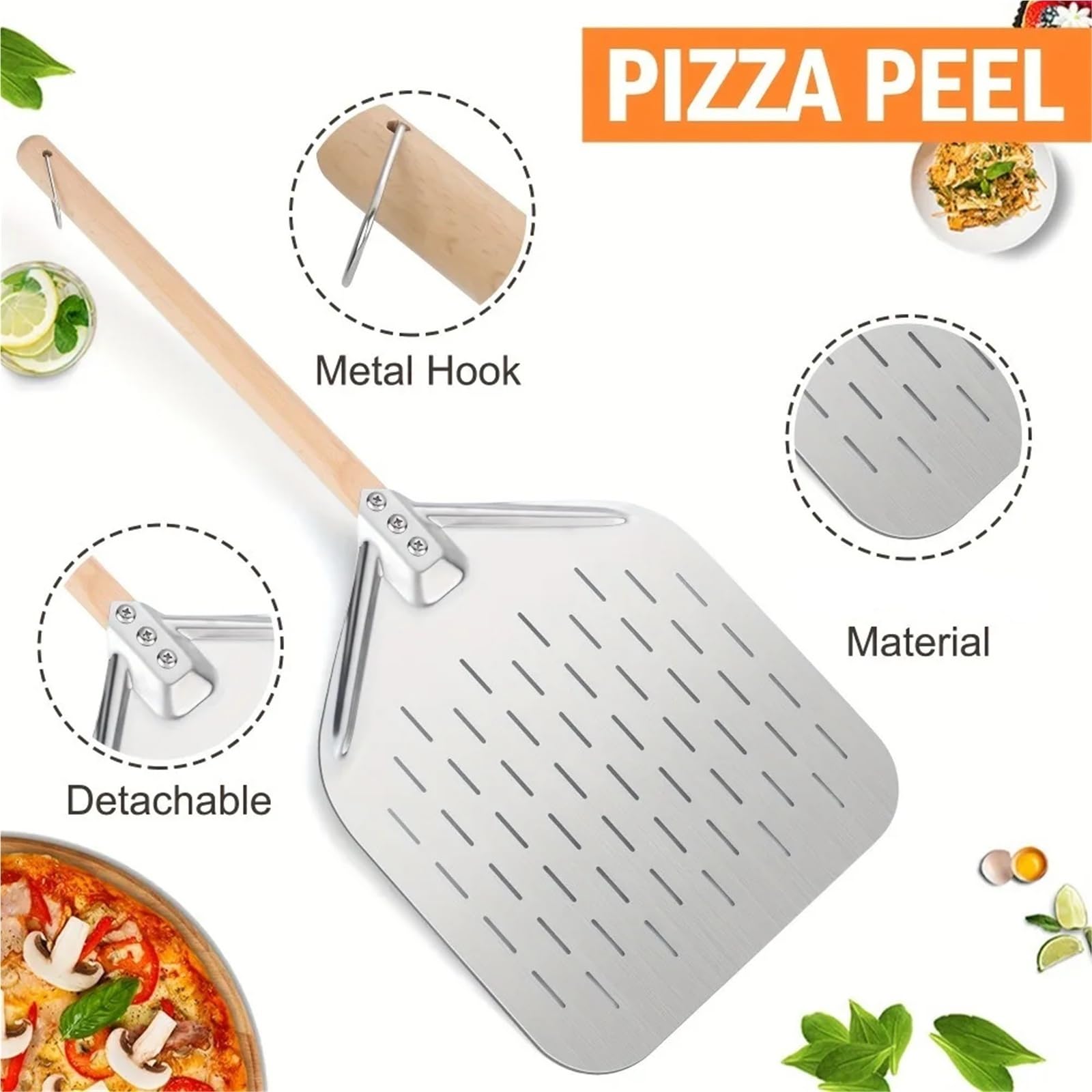 Pala for pizza in acciaio inox da 12 pollici con manico in legno perforato e gancio for appendere, for cucine commerciali domestiche forni